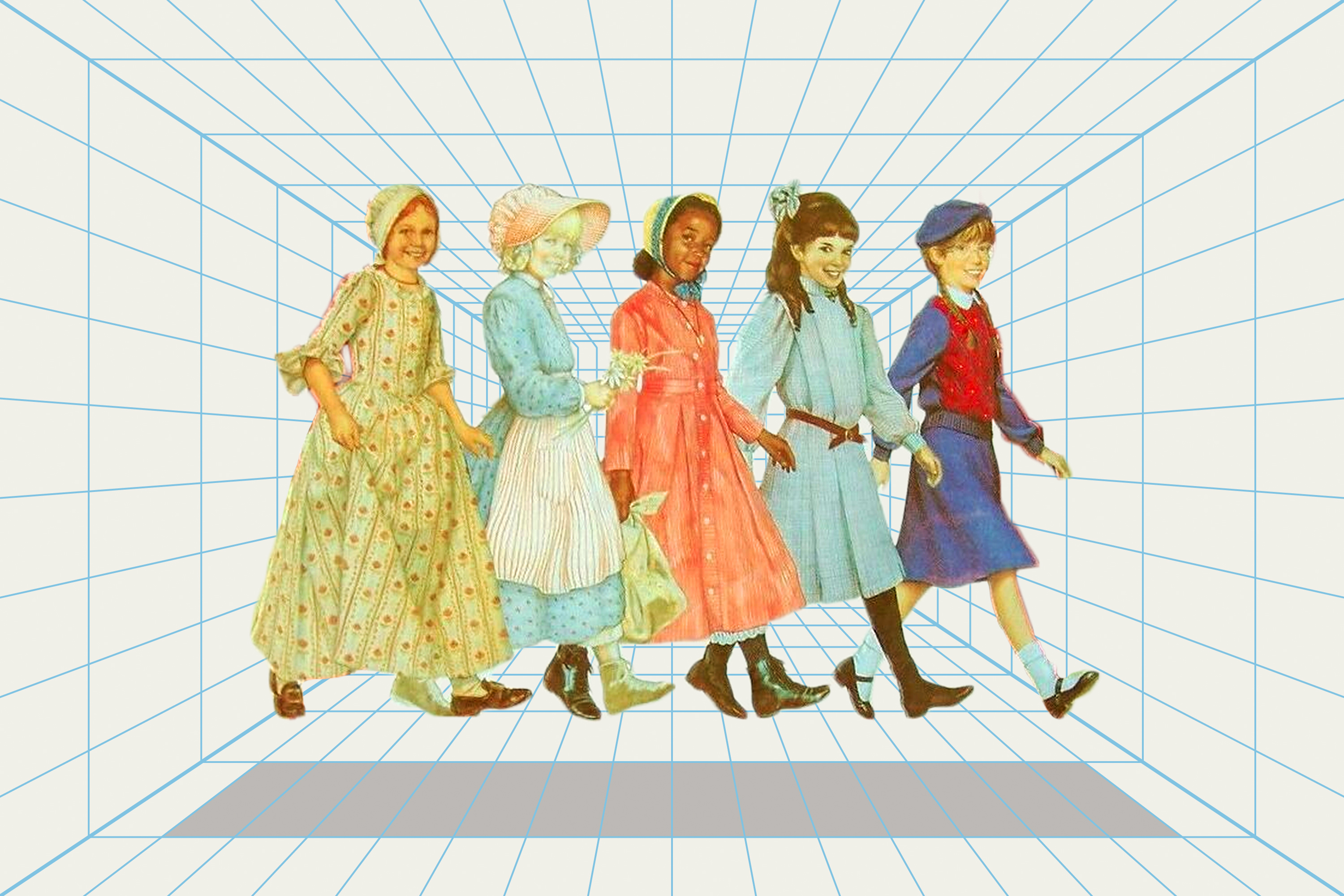 The characters from The American Girls Premiere stand in front of a grid