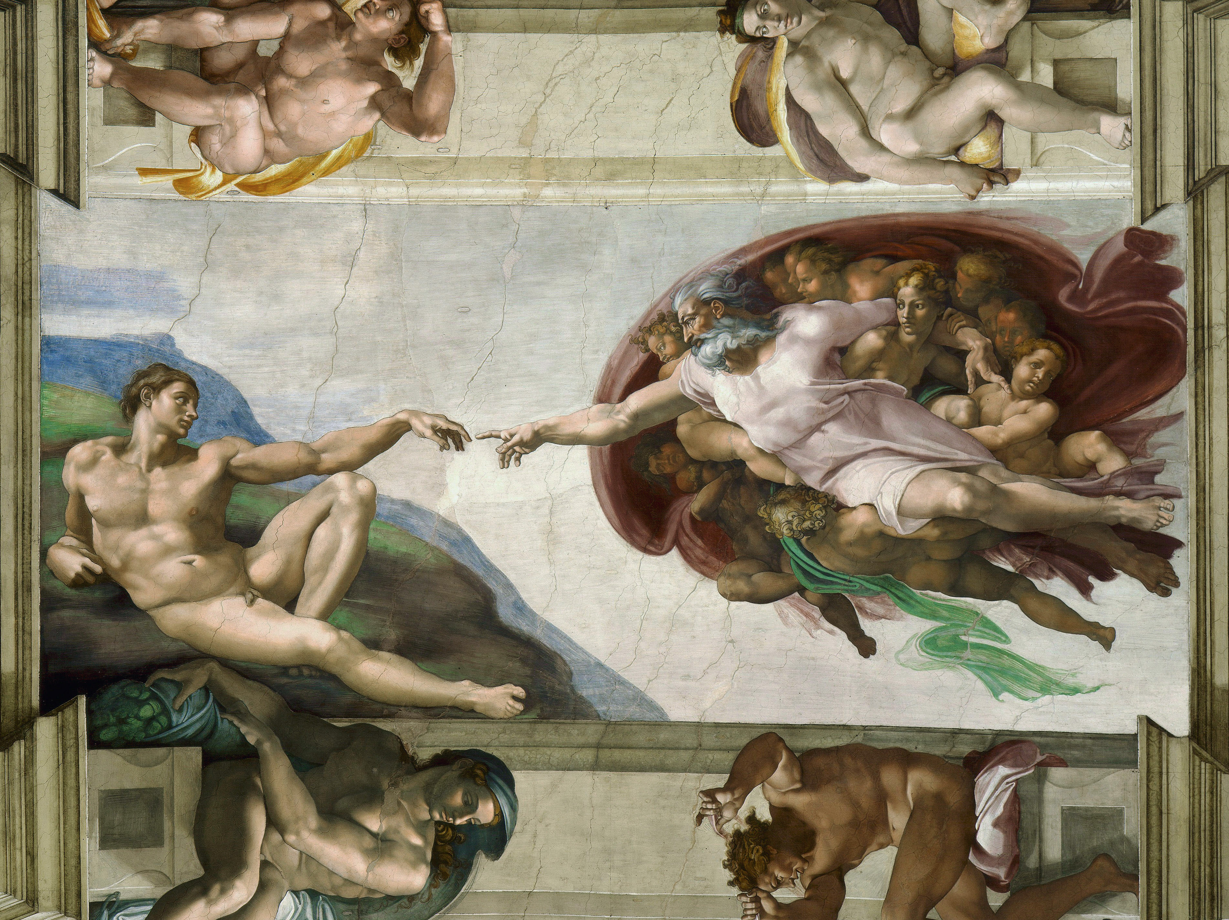 A portion of the Sistine Chapel ceiling showing God and Adam reaching toward one another.