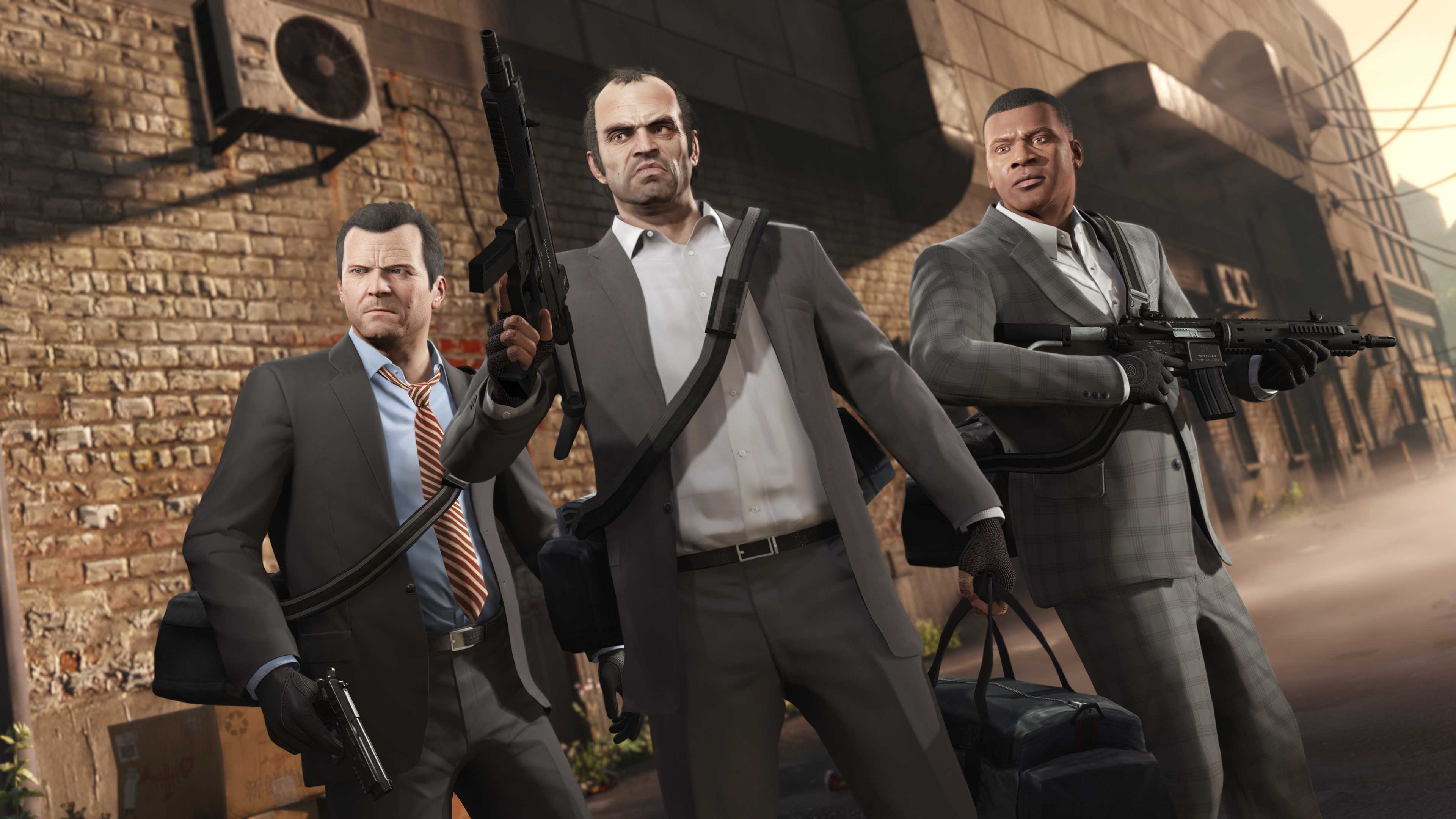 Michael, Franklin, and Trevor come fully armed in a screenshot from Grand Theft Auto 5