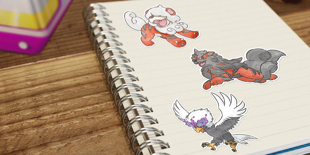 Hisuian Growlithe, Arcanine, and Braviary stickers on a notebook