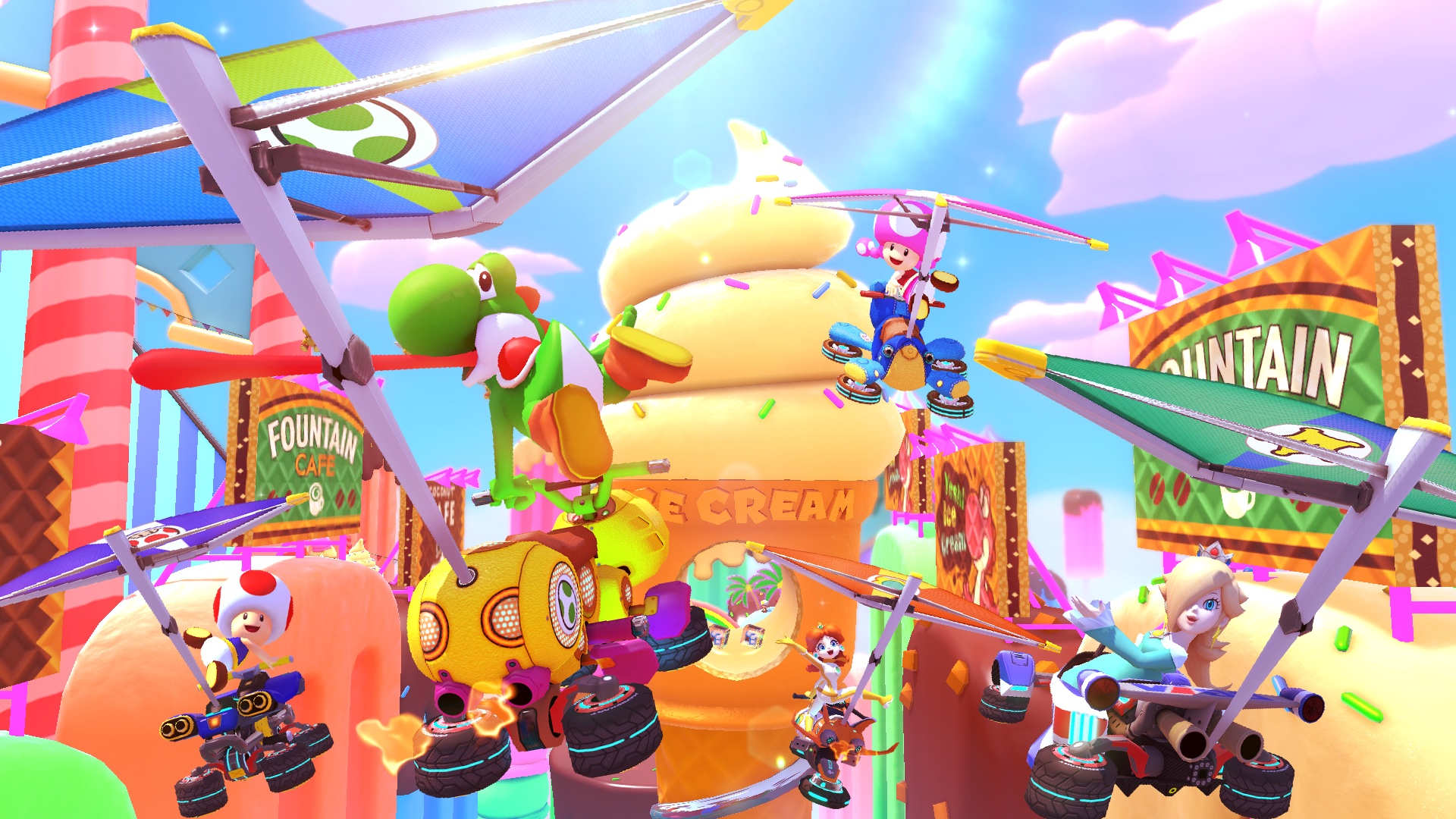 Toad, Yoshi, Toadette, Daisy, and Rosalina glide through the new Sky-High Sundae course in Mario Kart 8 Deluxe