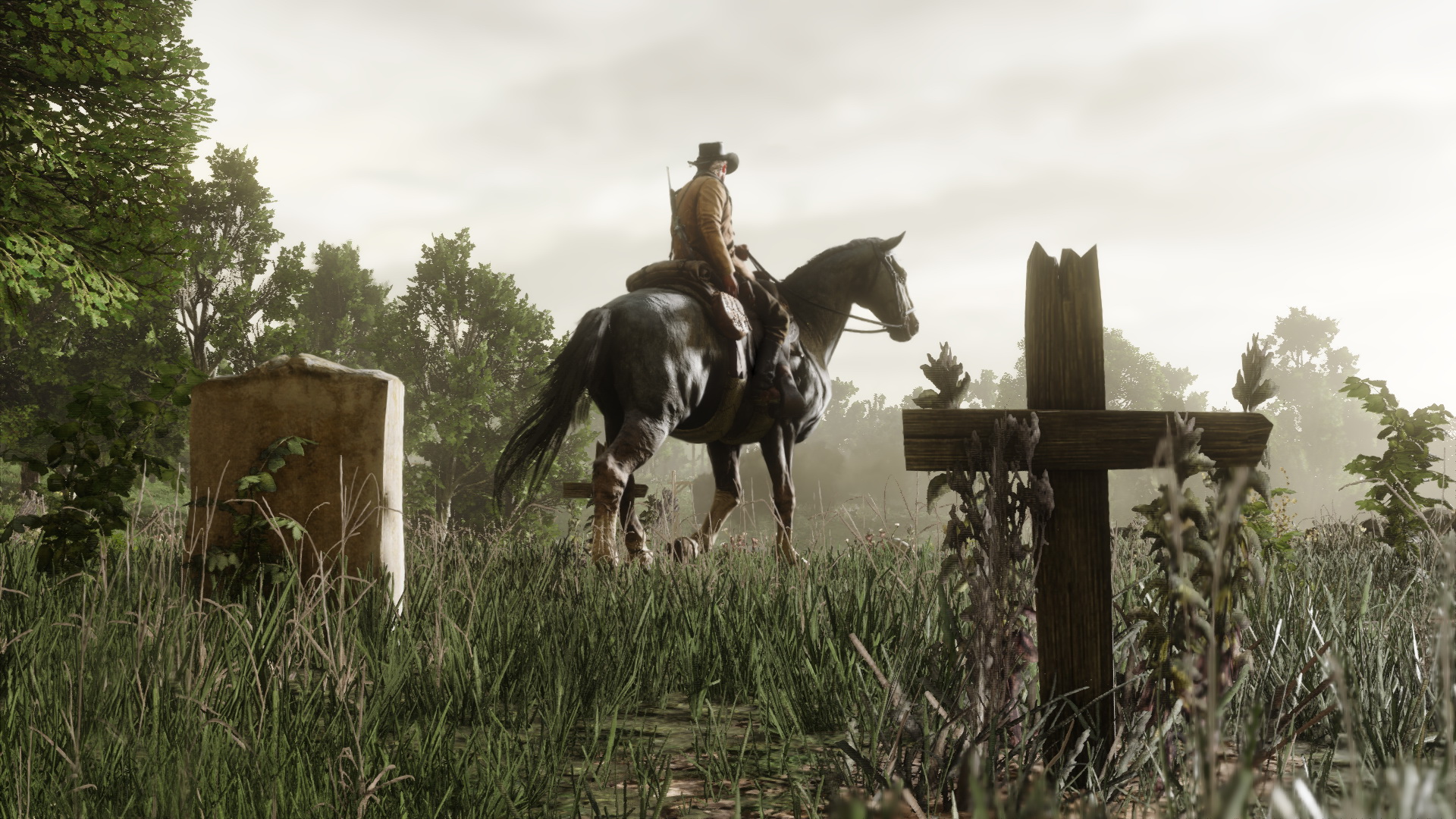 Red Dead Redemption 2 - Arthur Morgan riding through a graveyard