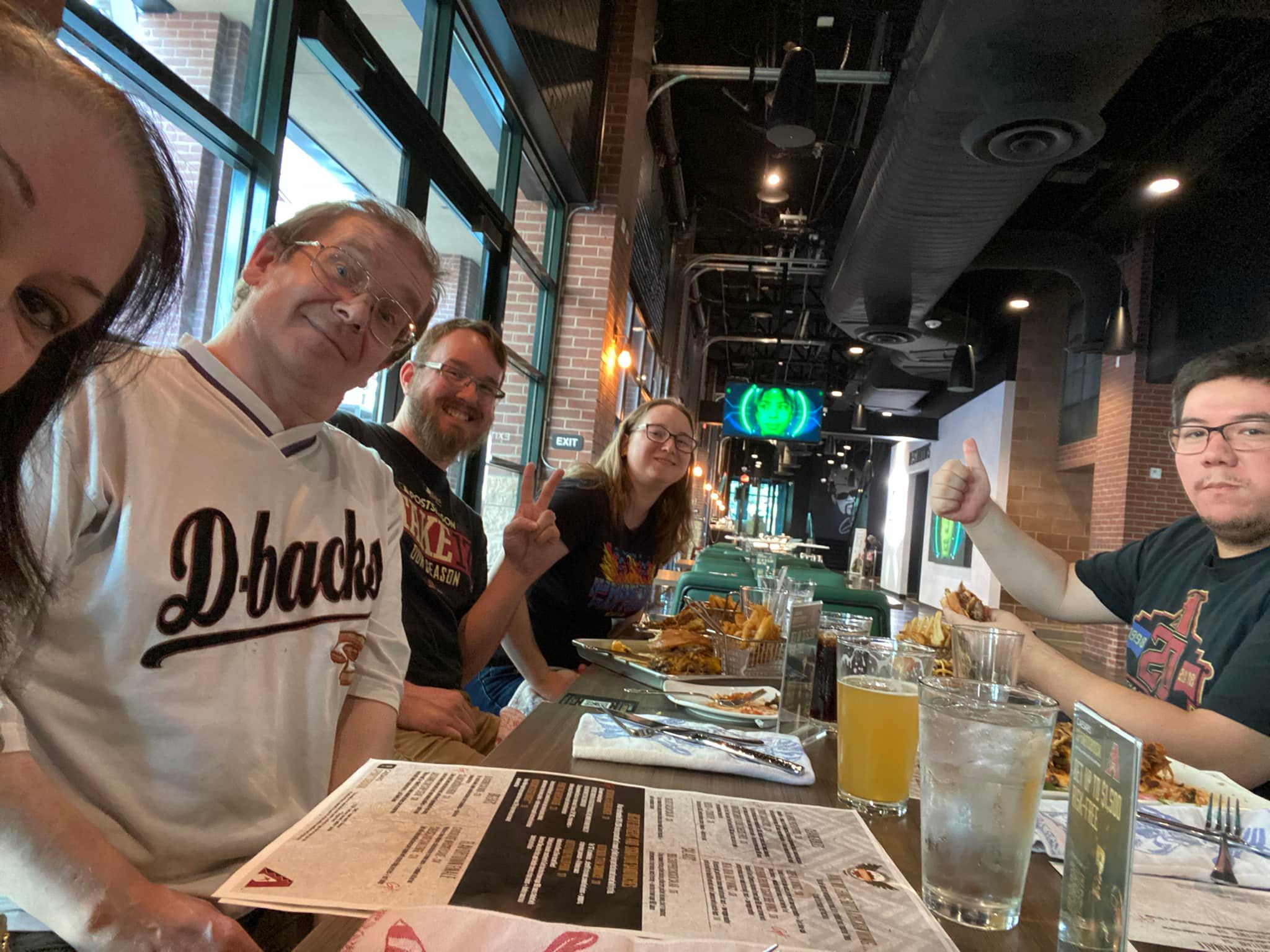 a group, selfie style photo of (from right to left) Mrs. Snakepit, Jim, myself, my wife, and Michael McDerrmott in the Caesar’s Sportsbook at Chase Field