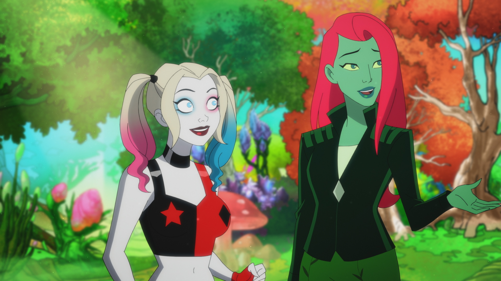 Harley Quinn and Poison Ivy stand in the woods in Harley Quinn season 3