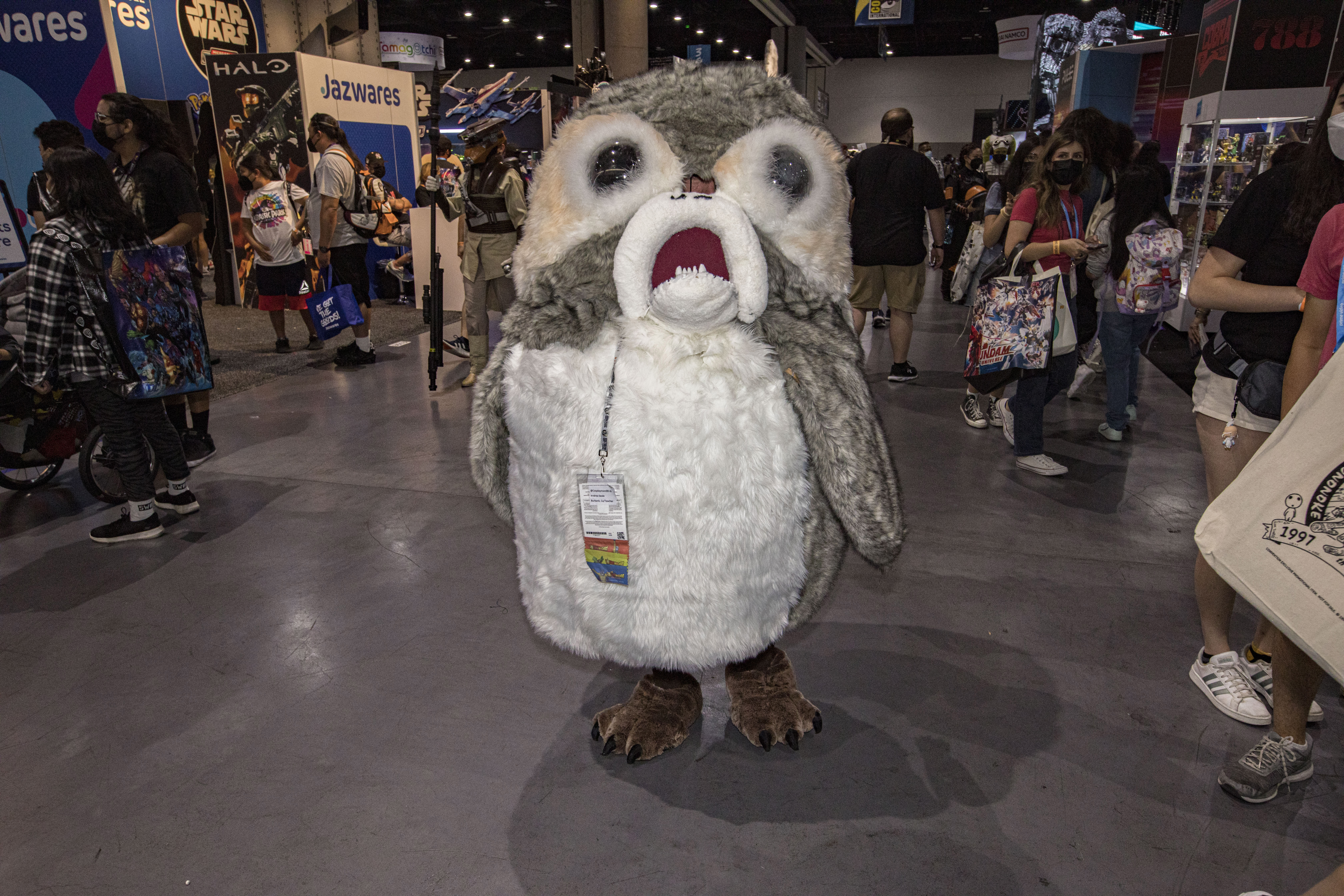 Star Wars cosplayer Andrea Seale as a Porg walks the convention floor at 2022 Comic-Con International Day 3 at San Diego Convention Center on July 23, 2022 in San Diego, California