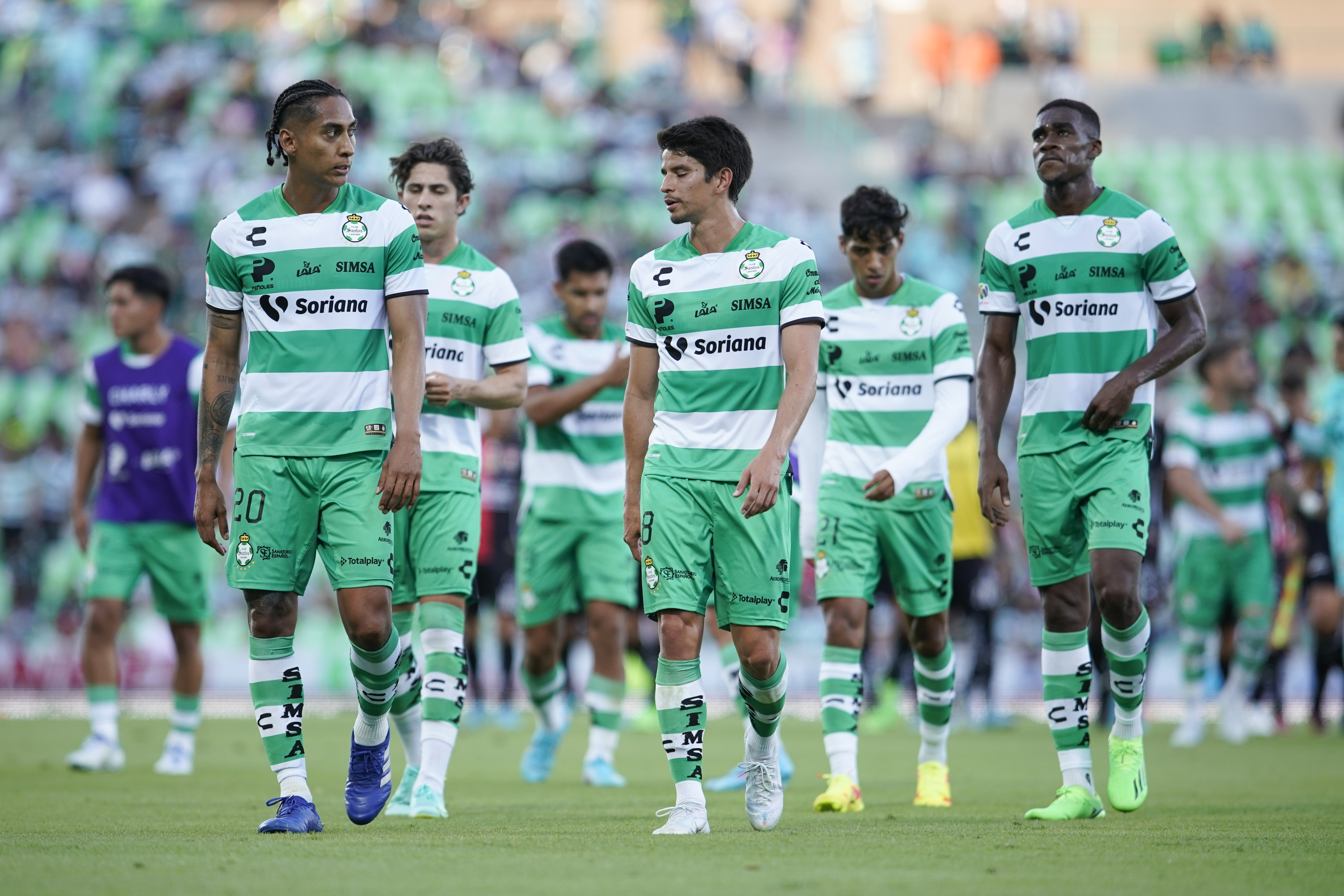 Players of Santos walk at halftime during the 6th round match between Santos Laguna and Atlas as part of the Torneo Apertura 2022 Liga MX at Corona Stadium on July 31, 2022 in Torreon, Mexico.