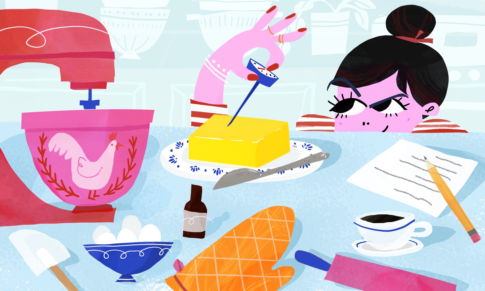Illustration of a woman pressing a thermometer into a block of butter, which sits on a counter alongside a stand mixer, spatula, rolling pin, and ingredients necessary for baking.