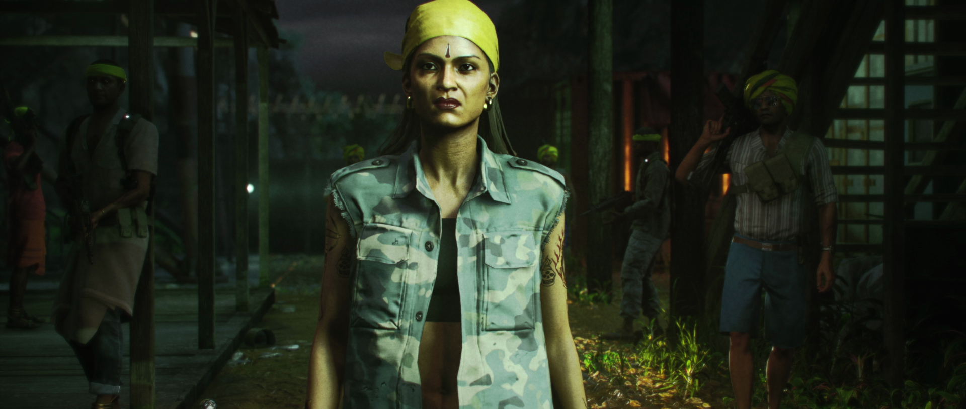 a brown-skinned woman looking stern, wearing a yellow bandanna on her head and a camouflage denim jacket with cutoff sleeves, in Hitman 3’s Ambrose Island location