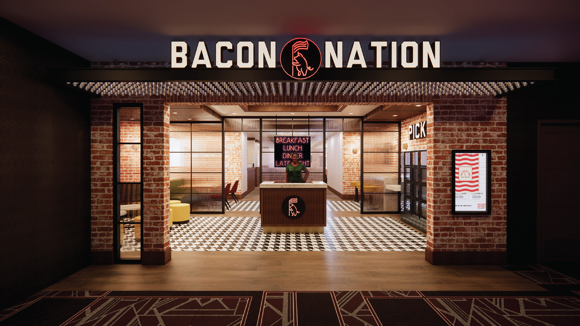 A rendering of a restaurant entry with “Bacon Nation” in larger letters above the door