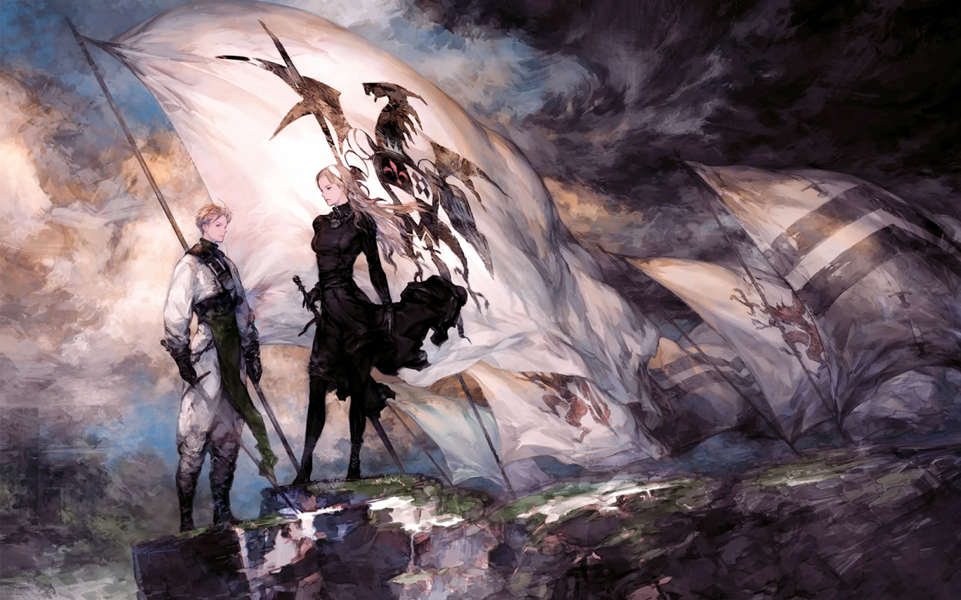 Artwork from Tactics Ogre: Reborn, featuring a male and female character standing among flags