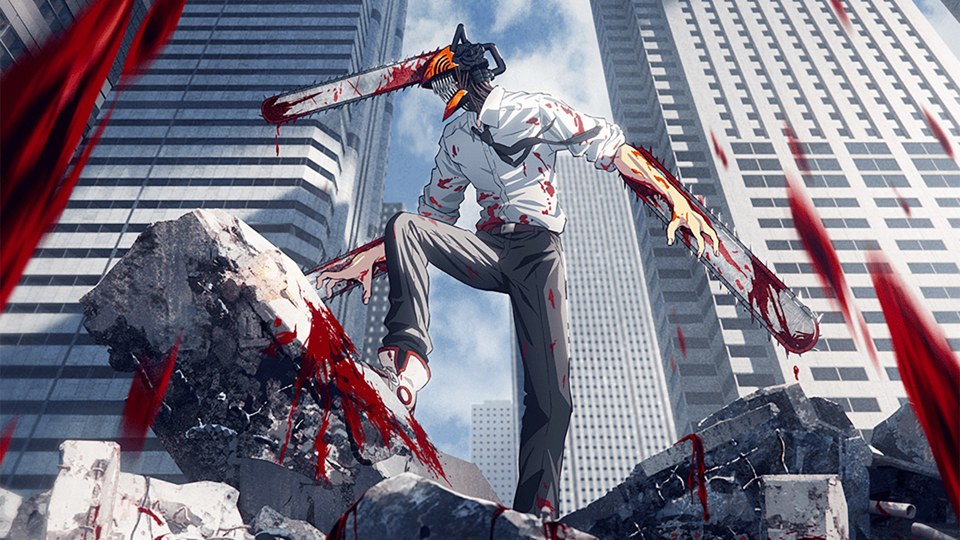 Key art visual of Denji in his full Chainsaw Man form standing over a pile of rubble flanked by towering skyscrapers in Chainsaw Man.