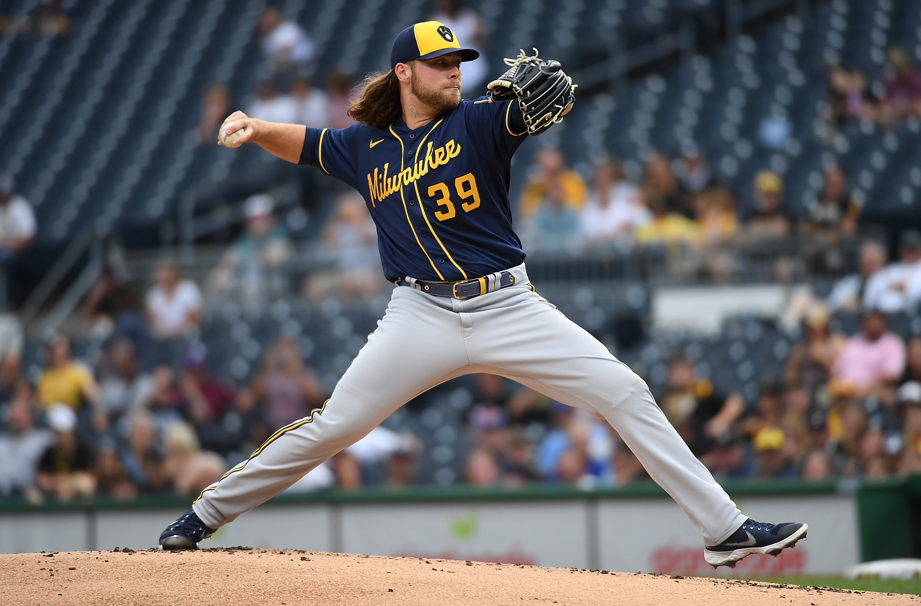 Corbin Burnes #39 of the Milwaukee Brewers delivers a pitch in the first inning during the game against the Pittsburgh Pirates at PNC Park on August 2, 2022 in Pittsburgh, Pennsylvania.