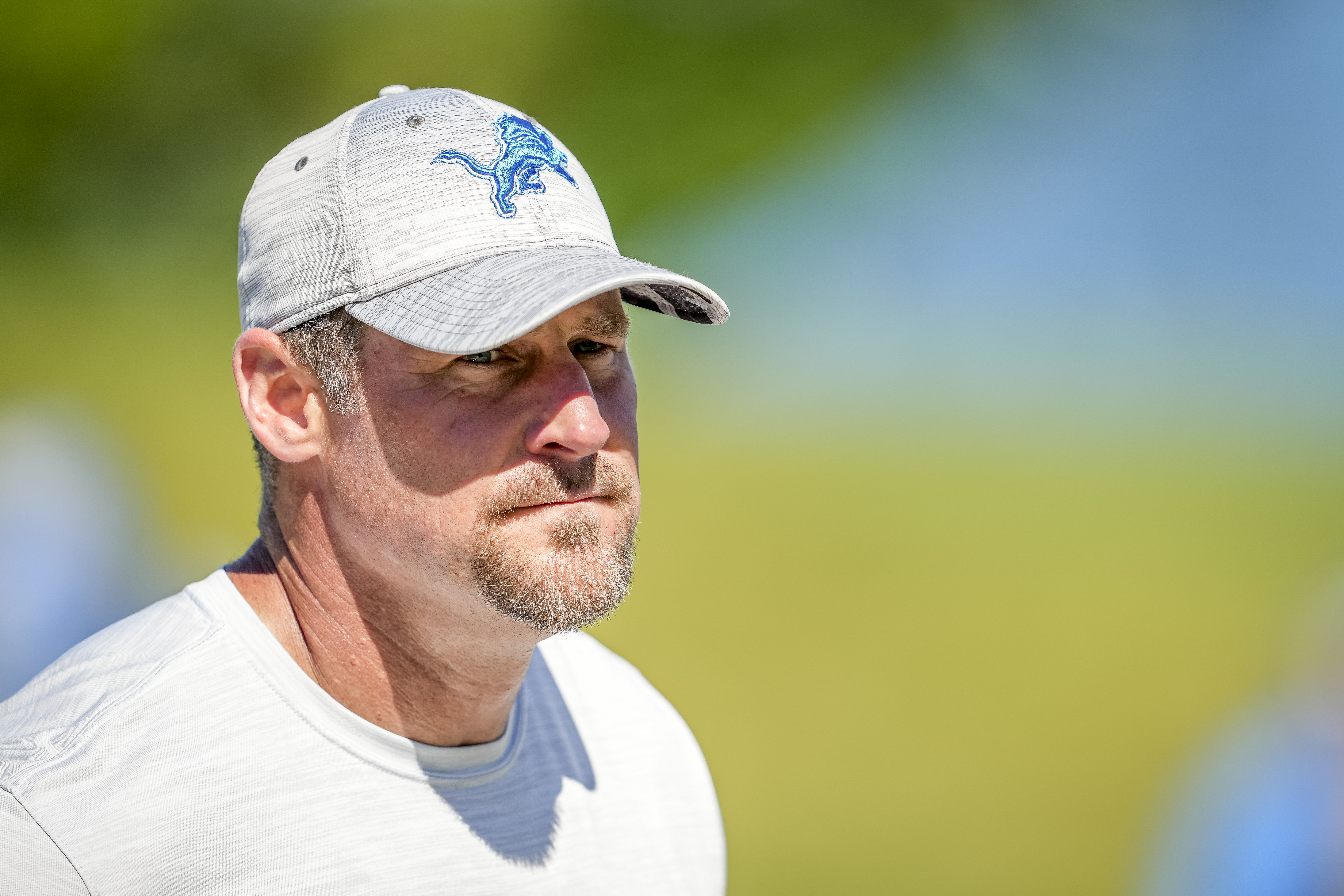 Head coach Dan Campbell of the Detroit Lions looks on after the Detroit Lions Training Camp at the Lions Headquarters and Training Facility on July 29, 2022 in Allen Park, Michigan.