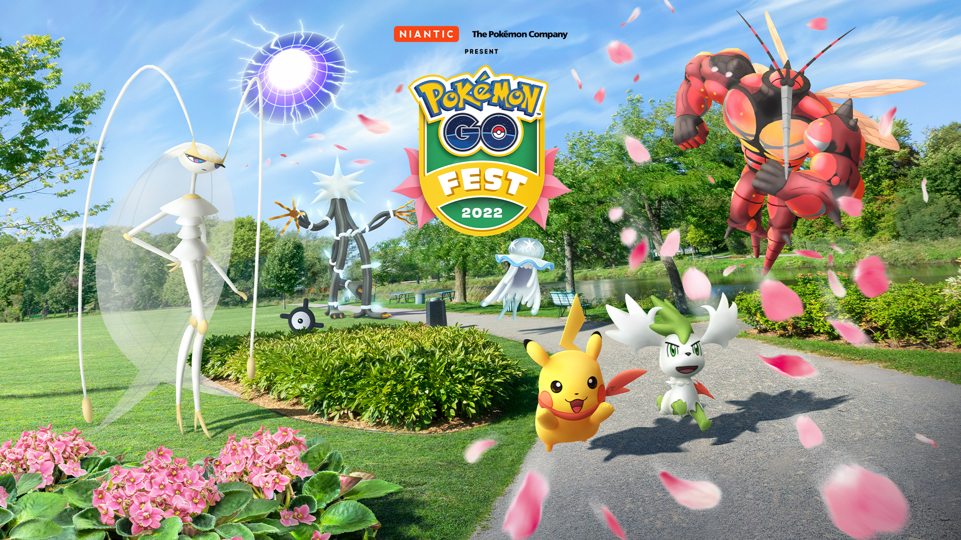 Artwork for Pokémon Go Fest 2022 featuring Pikachu, Shaymin, and Ultra Beasts playing in a park