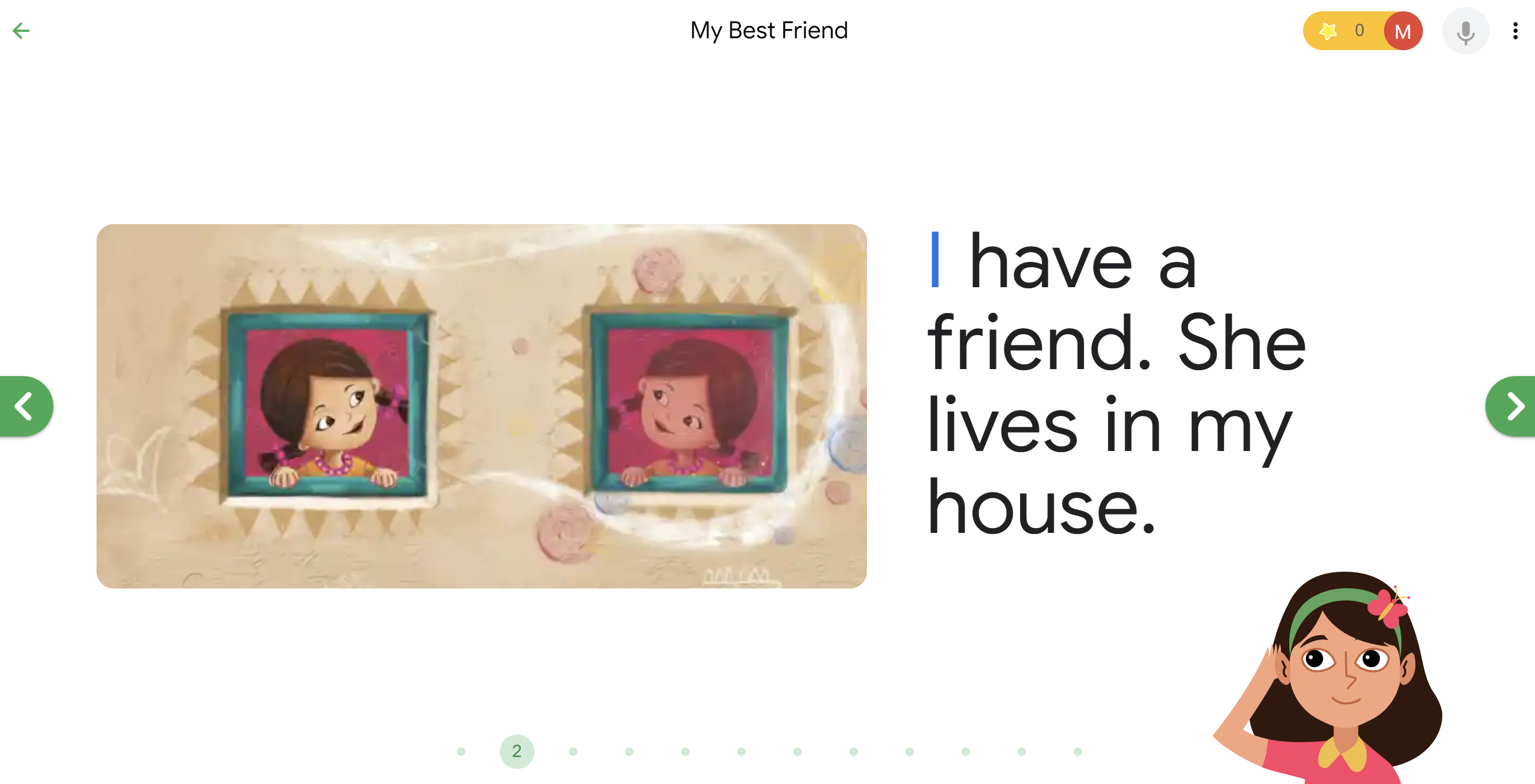 A screenshot of a story in Read Along. The text reads: I have a friend. She lives in my house.