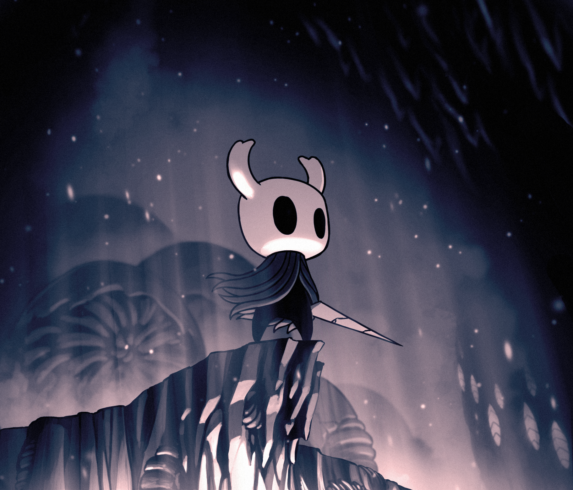 A bug with a skeletal looking head, called the Knight, is standing at the edge of a cliff, overlooking the darkness.