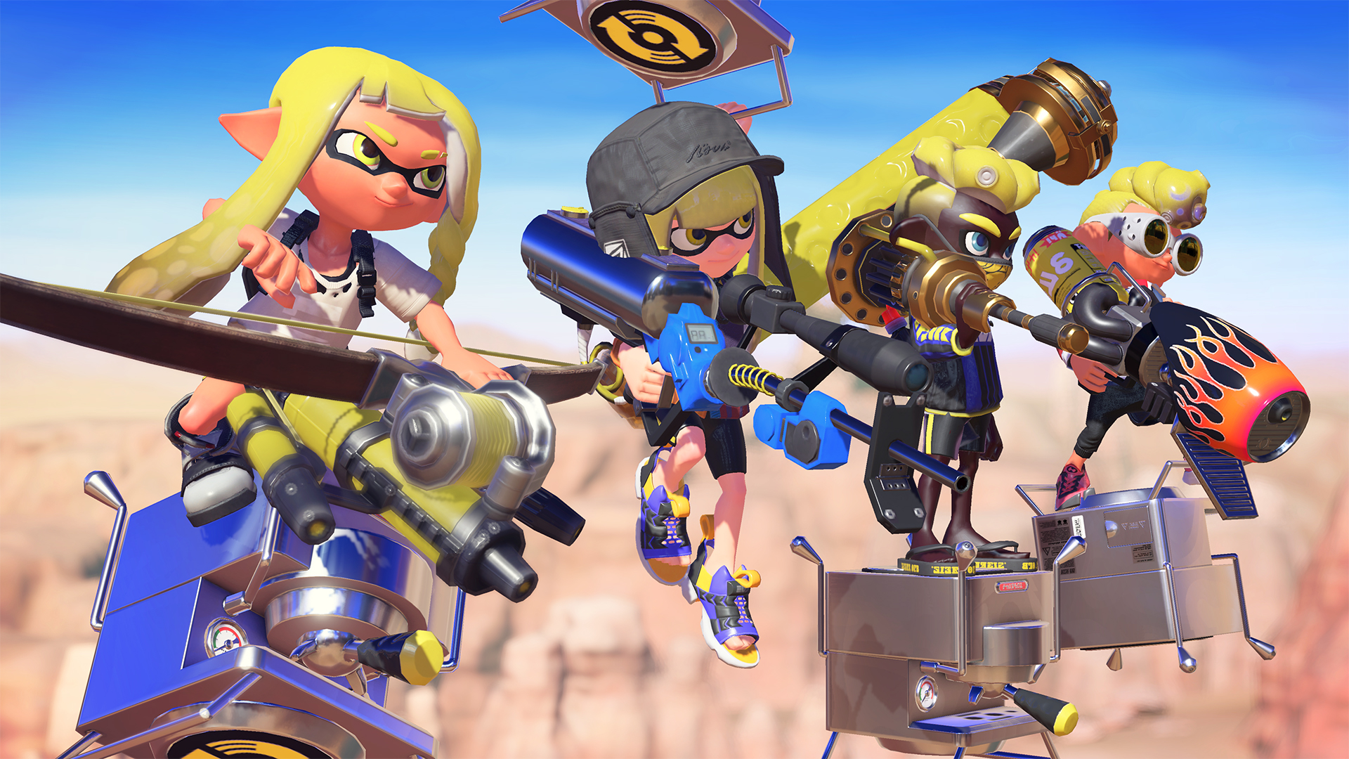 Screenshot from Splatoon 3 featuring four yellow-themed inkling humanoid creatures with octopus-like tentacle hair wearing modern clothing