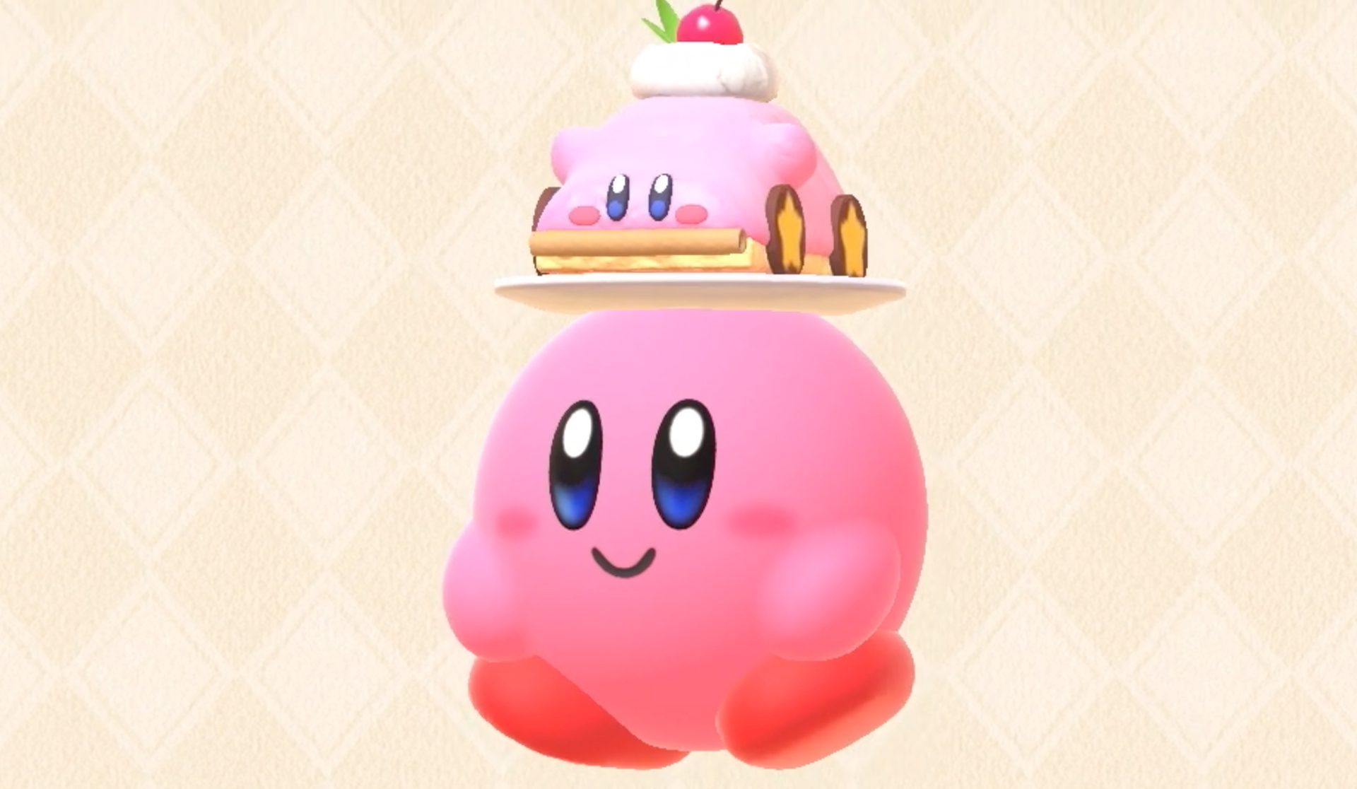 Kirby, wearing a cake shaped like a car shaped like Kirby as a hat, in Kirby’s Dream Buffet