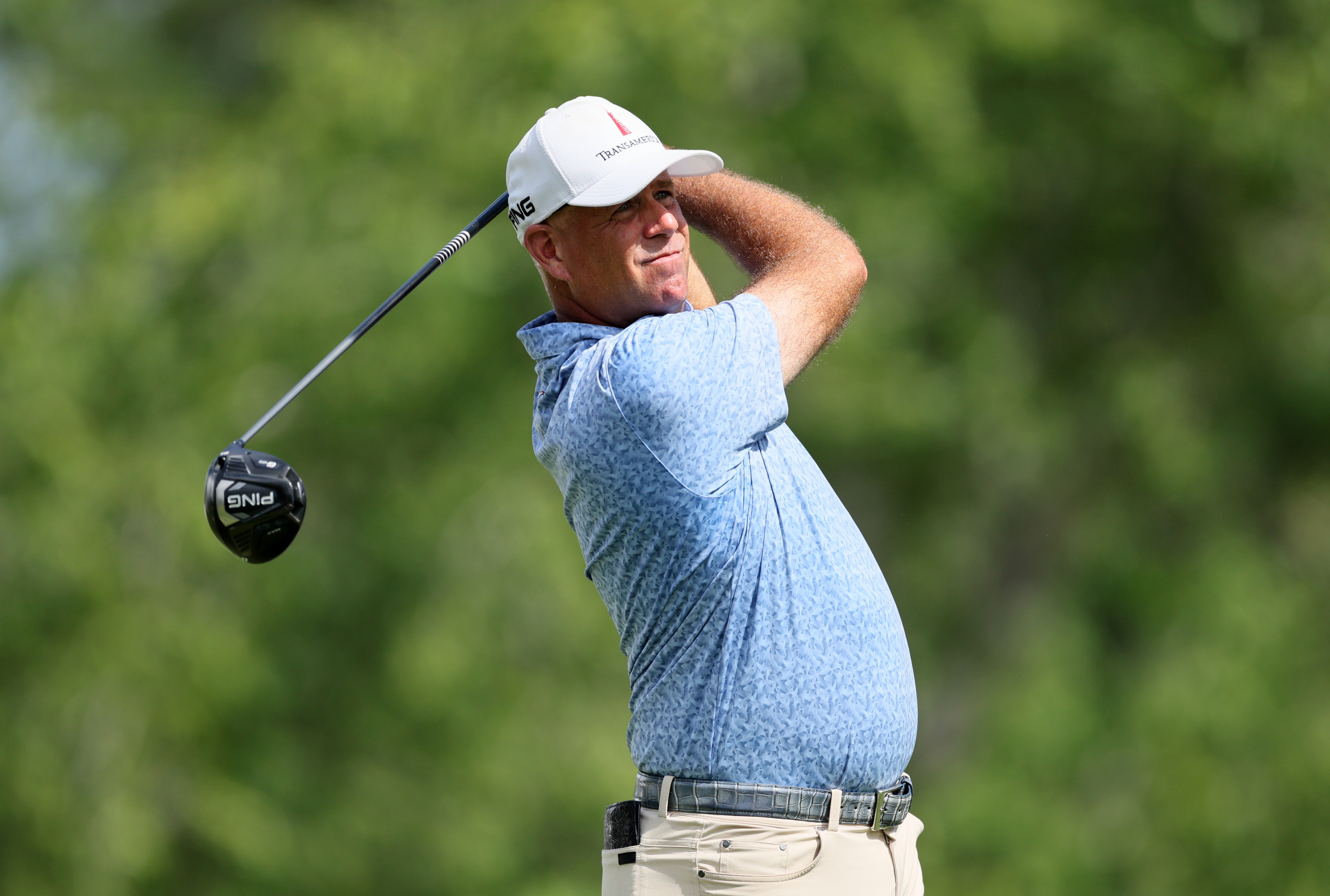 Stewart Cink of the United States plays his shot from the 17th tee during the first round of the FedEx St. Jude Championship at TPC Southwind on August 11, 2022 in Memphis, Tennessee.