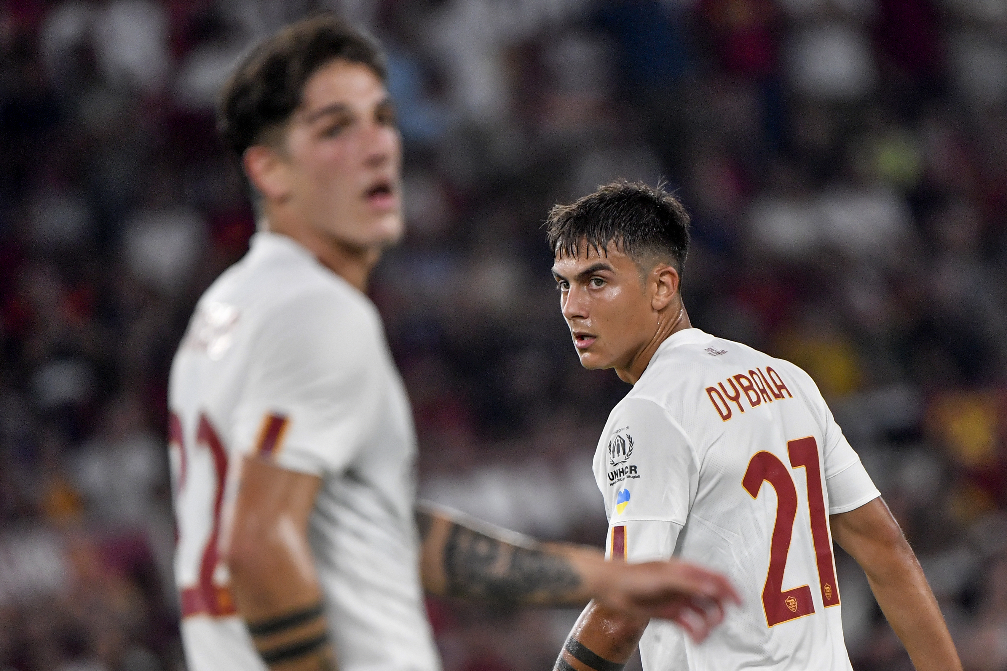 Paulo Dybala of AS Roma (r) and Nicolo Zaniolo during the...