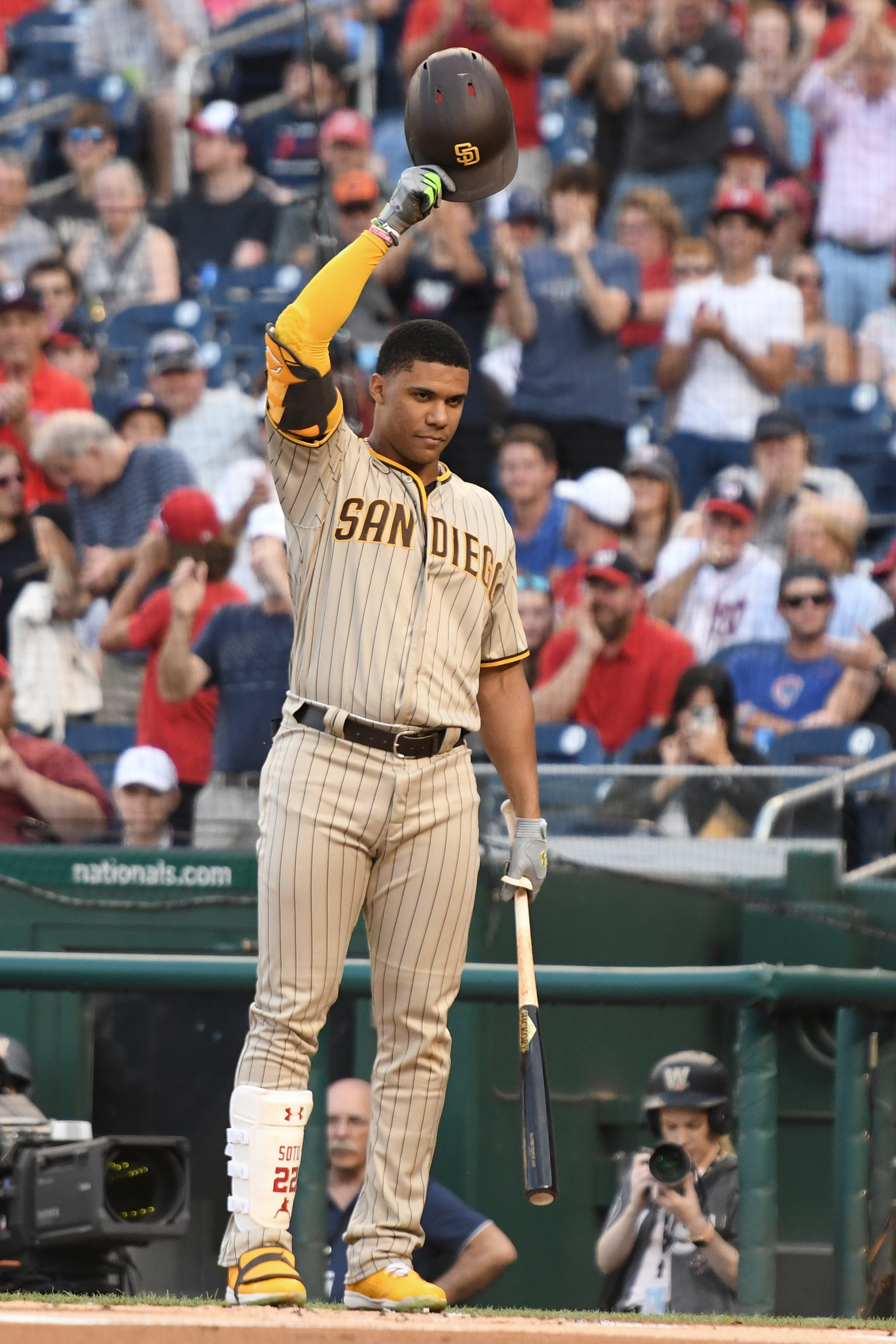 Juan Soto of the San Diego Padres waves to the fans in the firs tinning during a baseball game against the Washington Nationals at Nationals Park on August 13, 2022 in Washington, DC.