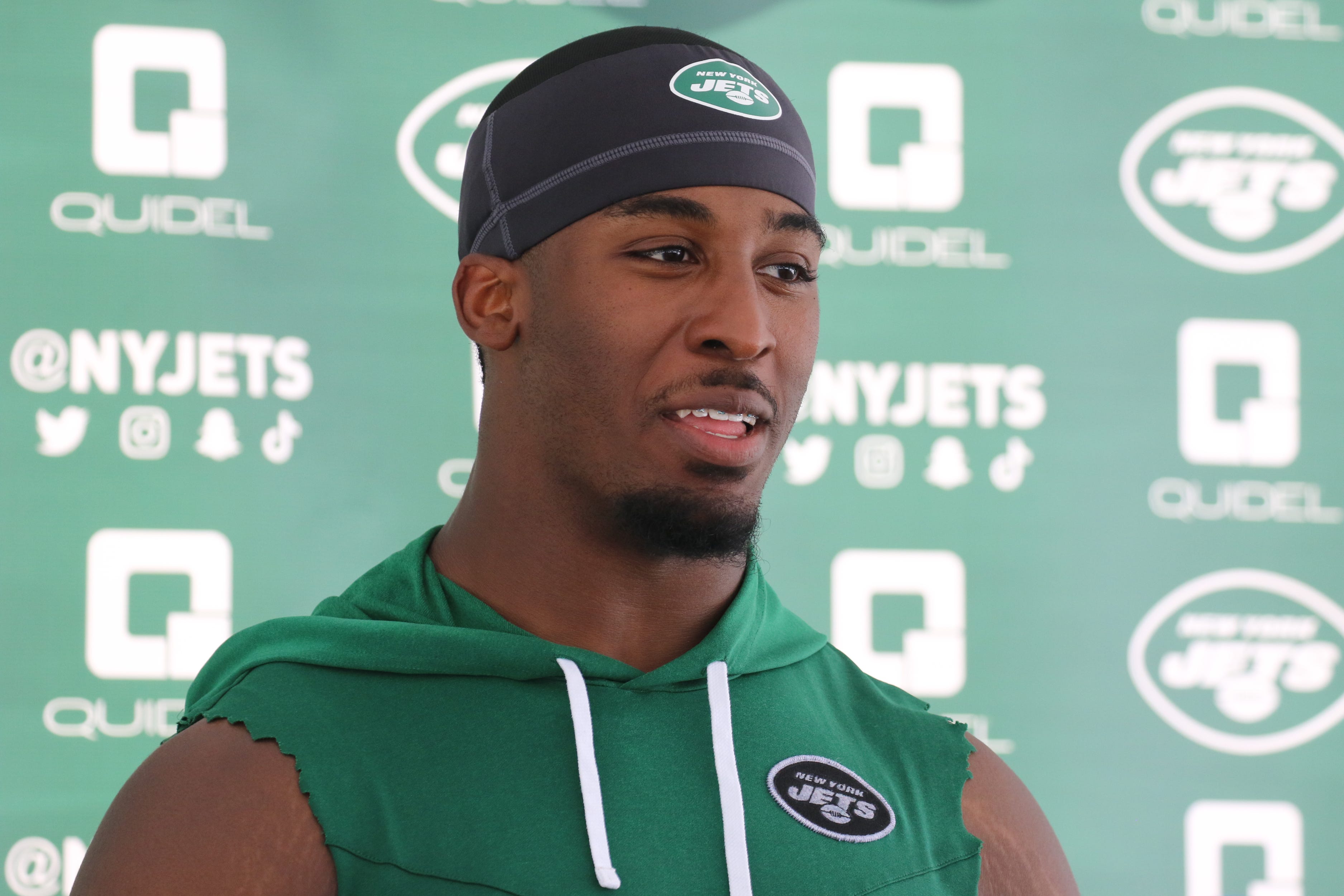 Running back Breece Hall answers questions after practice. Jet Fan Fest took place at the 2022 New York Jets Training Camp in Florham Park, NJ on July 30, 2022.&nbsp;