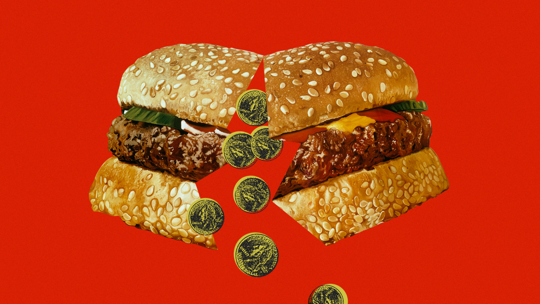 Photo collage of a fast food hamburger cracked open like an egg and spilling out coins.