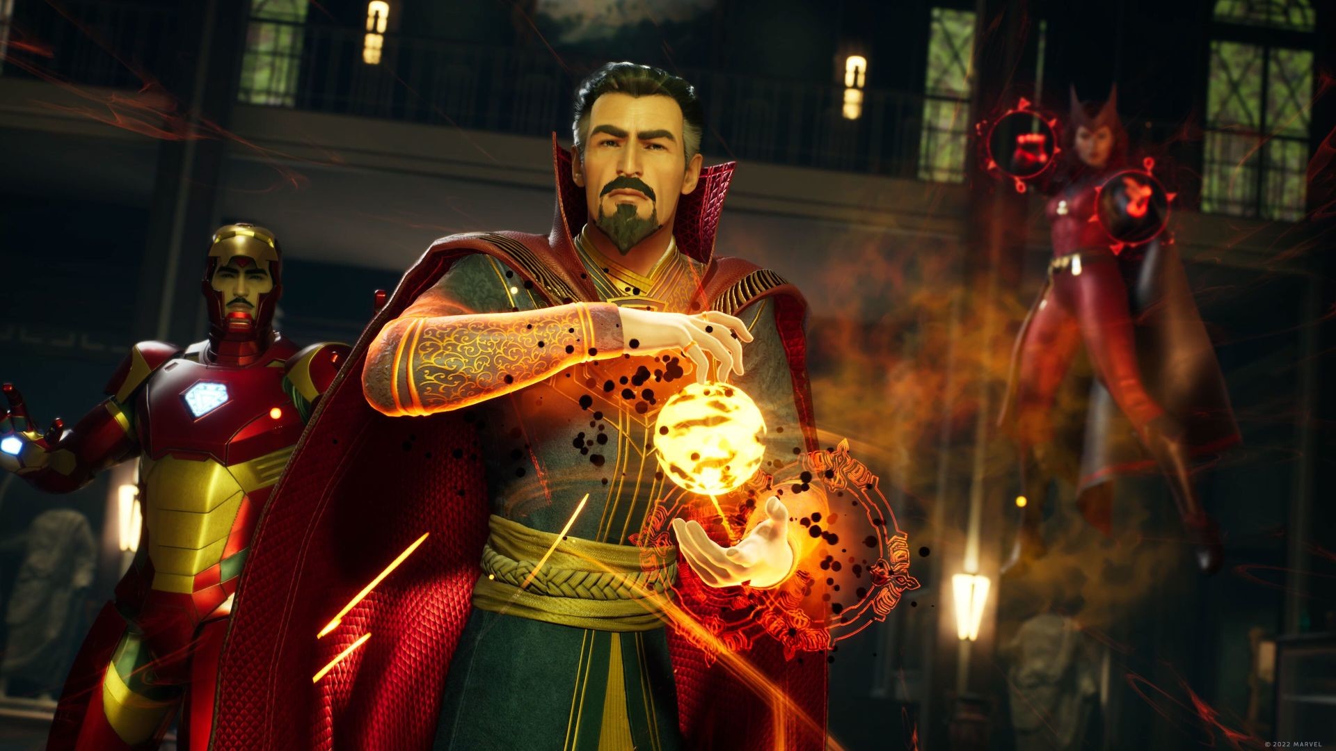 Iron Man, Dr. Strange, and Scarlet Witch ready for battle in a screenshot from Marvel’s Midnight Suns