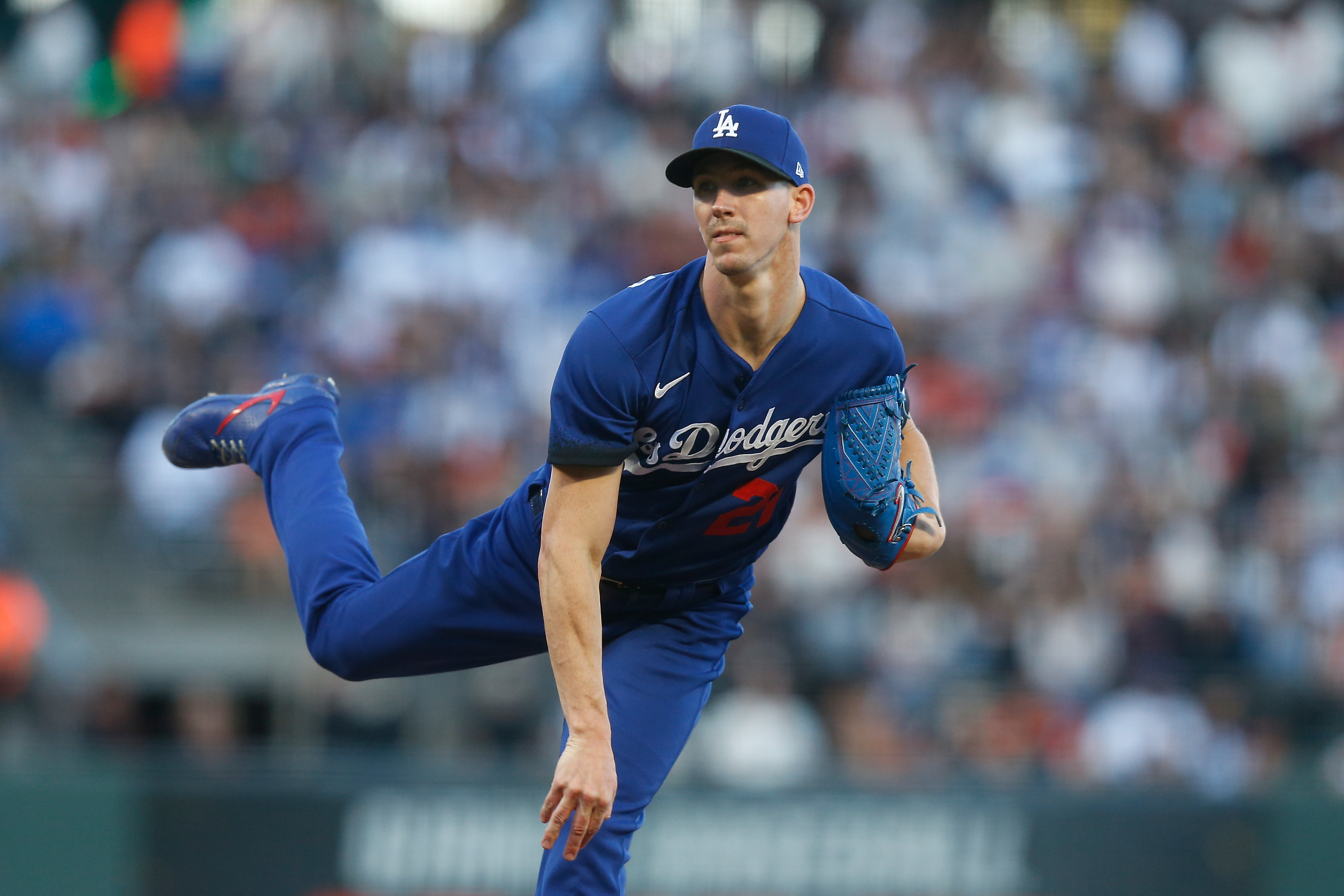 Walker Buehler #21 of the Los Angeles Dodgers pitches against the San Francisco Giants at Oracle Park on June 10, 2022 in San Francisco, California.
