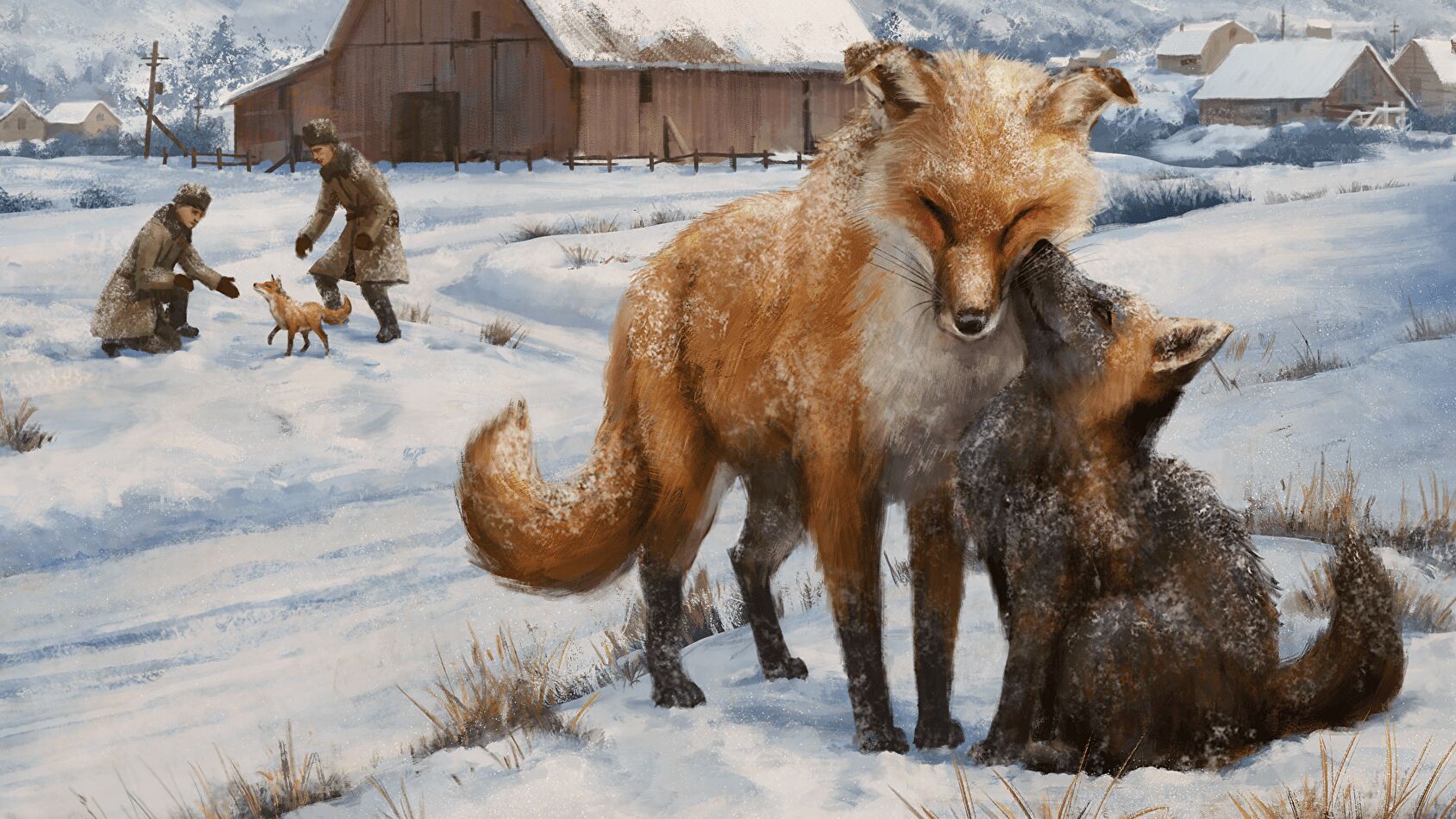 Domesticated and wild foxes chill with Soviet infantry in a pastoral village setting.