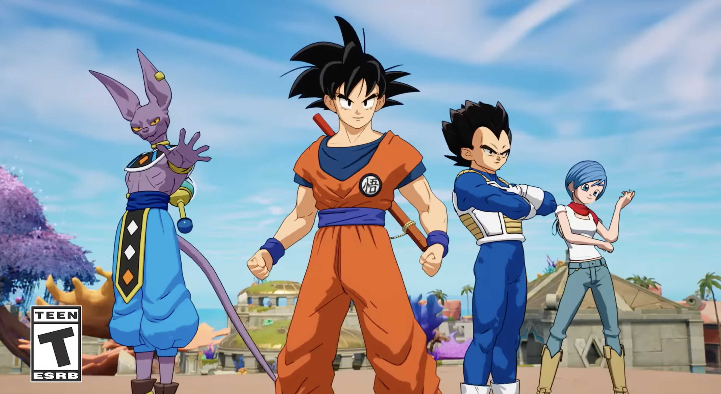 an image of Son Goku, Vegeta, Bulma, and Beerus in Fortnite. they’re standing in line and staring at the camera. 