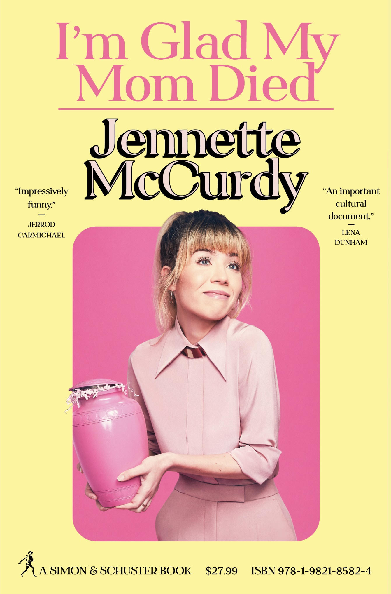 A book cover shows a blonde woman in a pink suit buttoned up to her throat and a high ponytail. She is holding a hot pink urn and shrugging humorously.