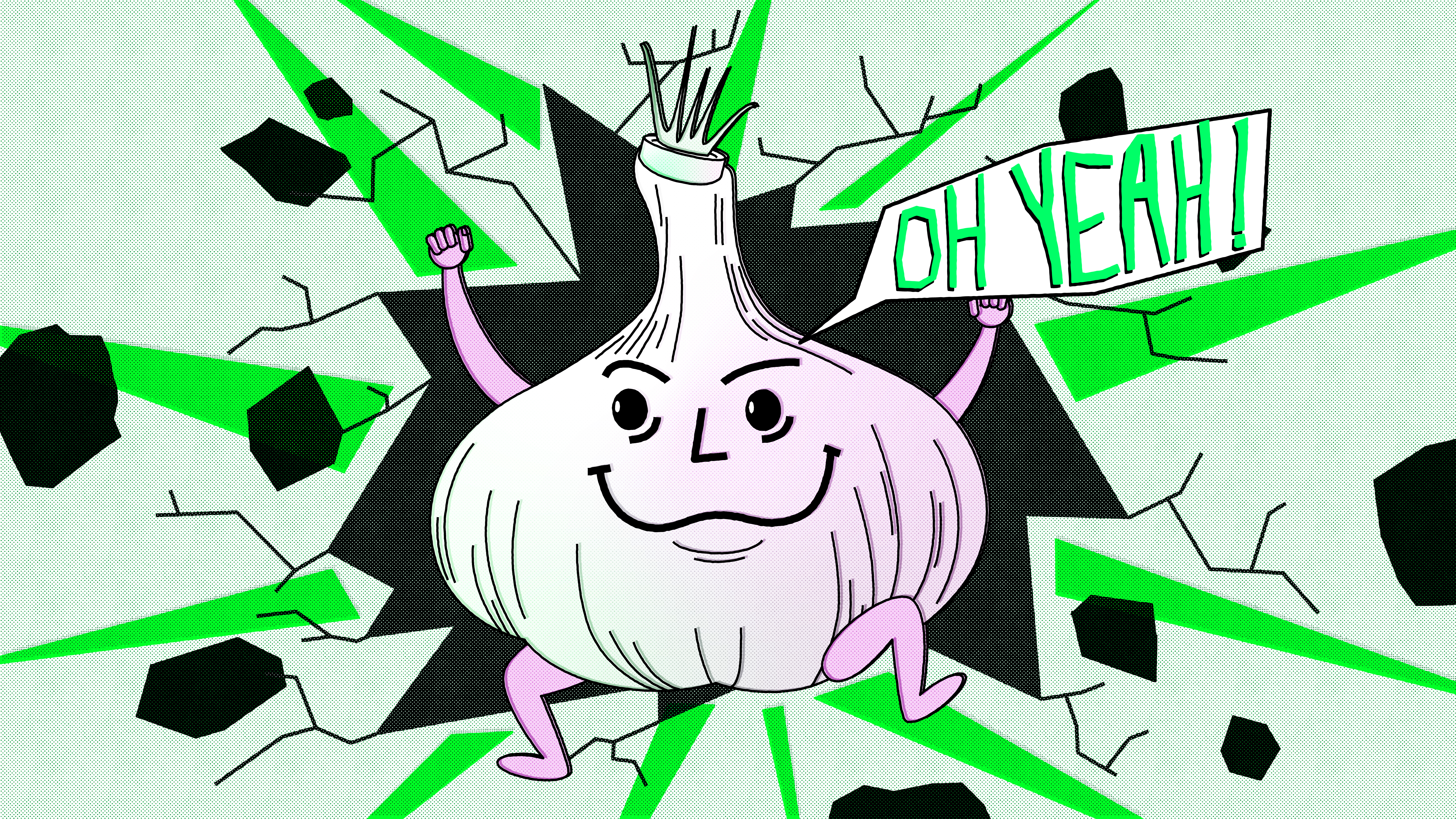Illustration of a large garlic bulb busting through a wall while saying “oh yeah!”