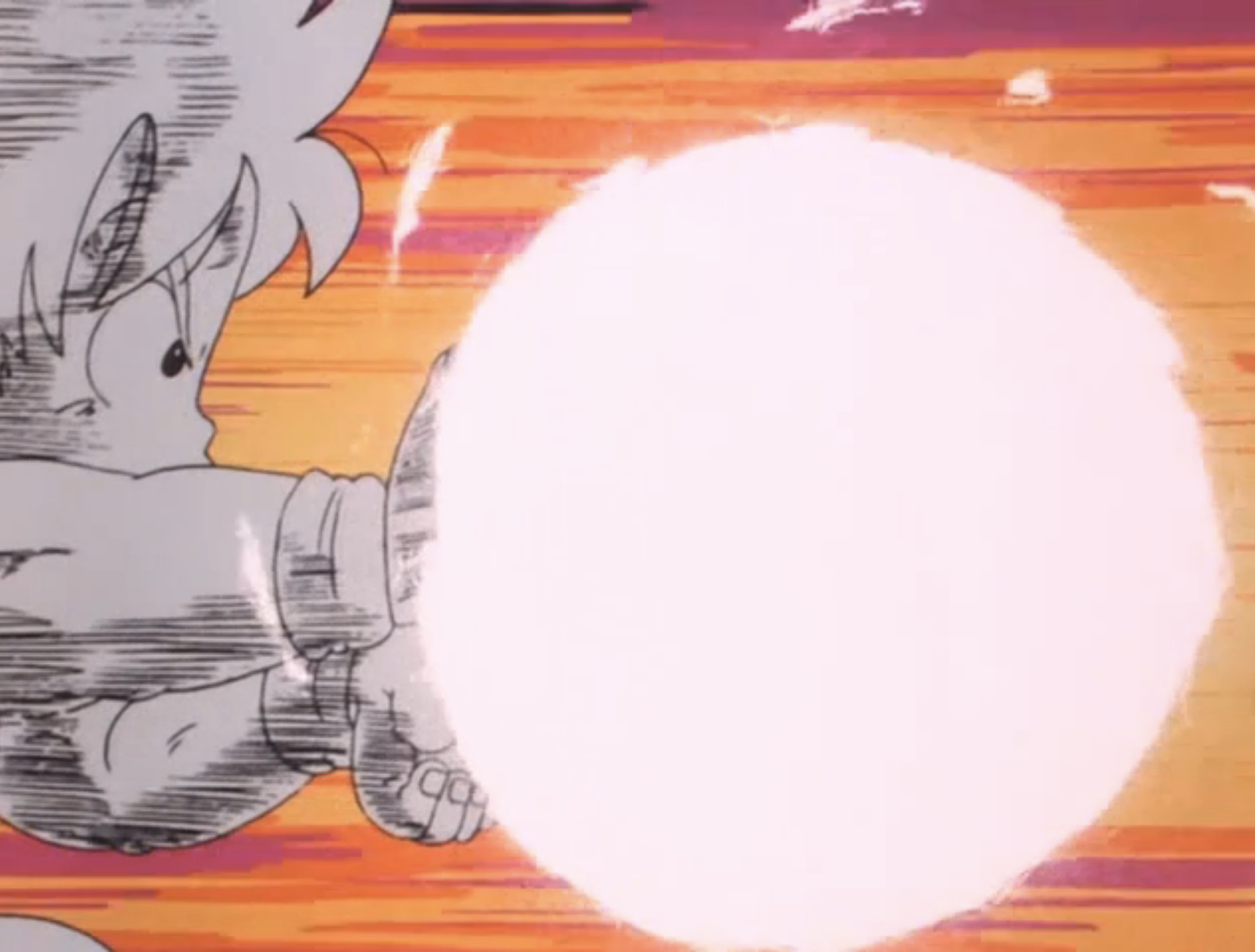 an image of Goku doing his first kamehameha in the dragon ball anime. the attack shines a bright white light as Goku fires out a laser from his hands. 