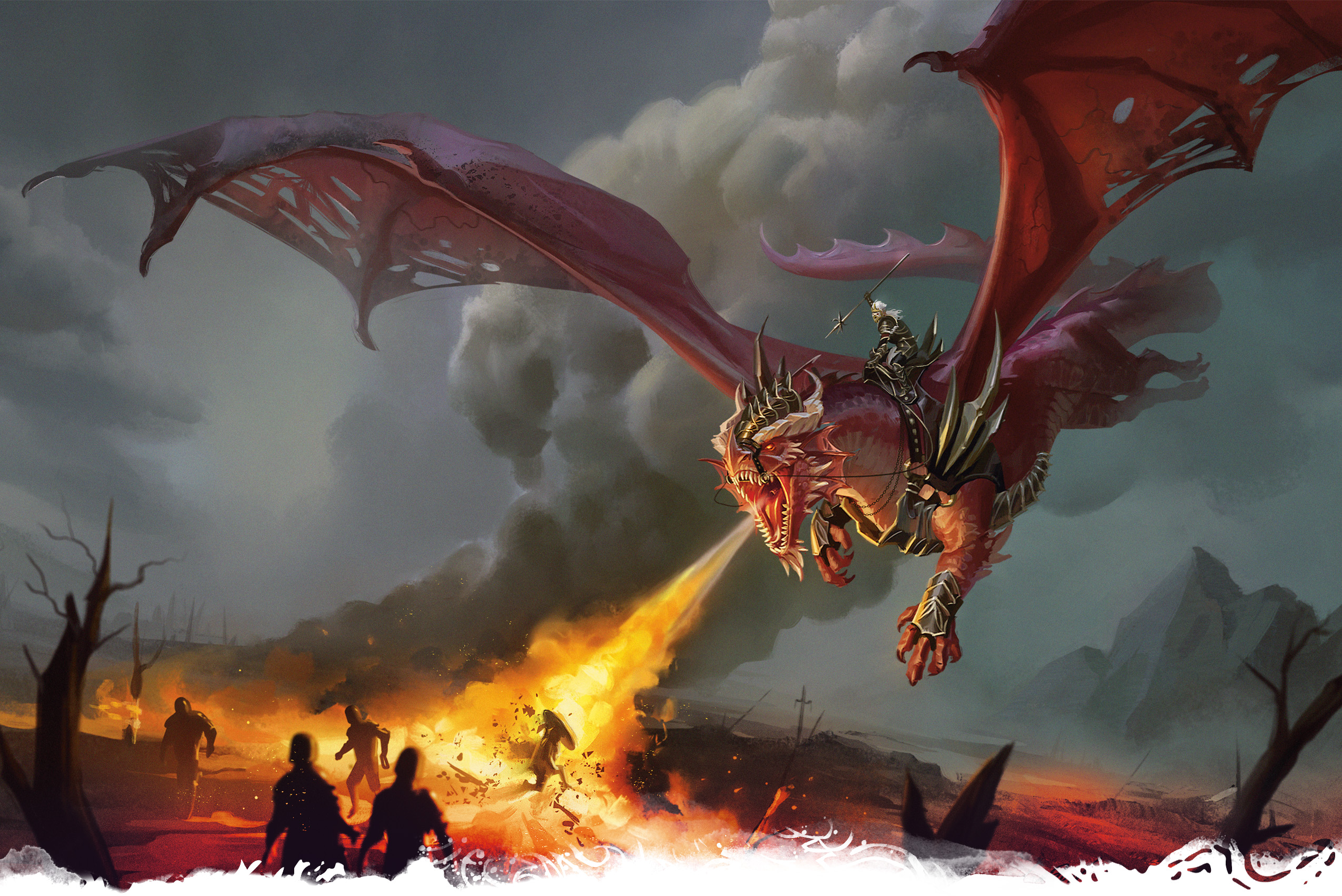 A dragon scorches the ground, it’s rider — lance in hand — bellowing a battle cry.
