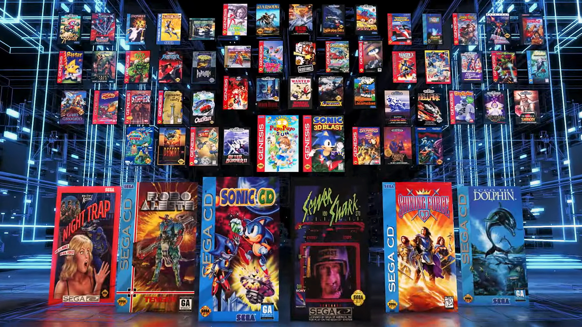 A collage of 60 Sega Genesis and Sega CD games, including Sonic CD, Sewer Shark, Night Trap, and Ecco the Dolphin