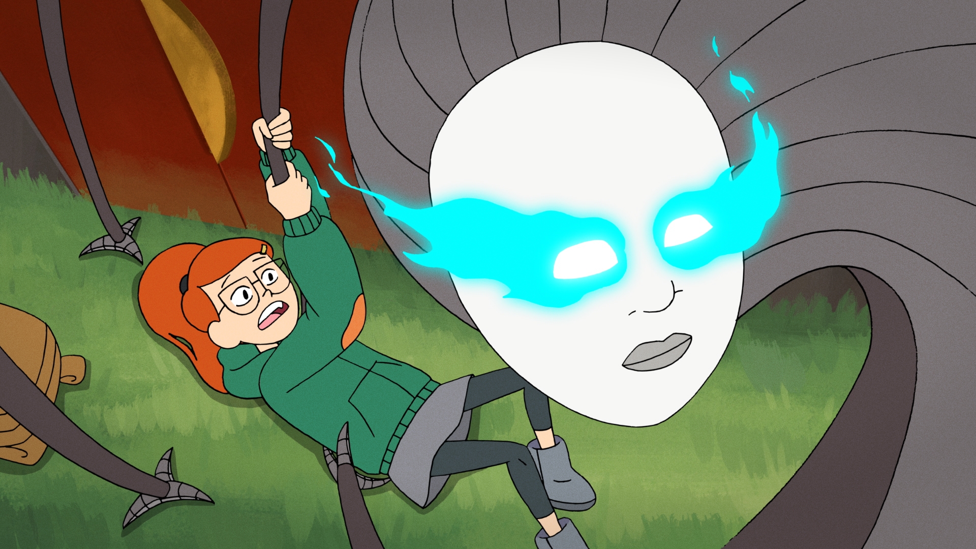 A robot with tentacle claws tries to hold down a young girl in Infinity Train