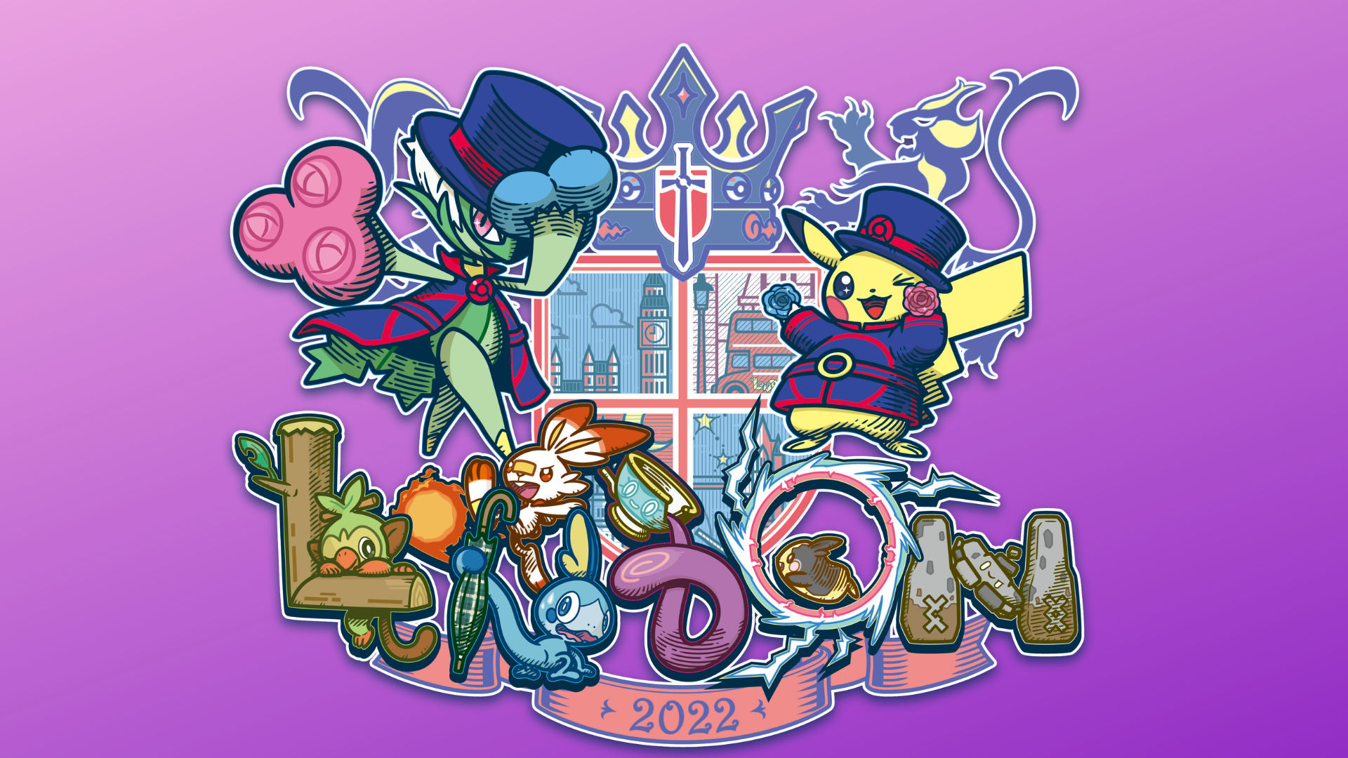 Logo from Pokemon Worlds 2022 featuring the word London spelled with different pokémon forming the letters with a pikachu in a blue suit waving a top hat next to a Roserade also waving a tophat