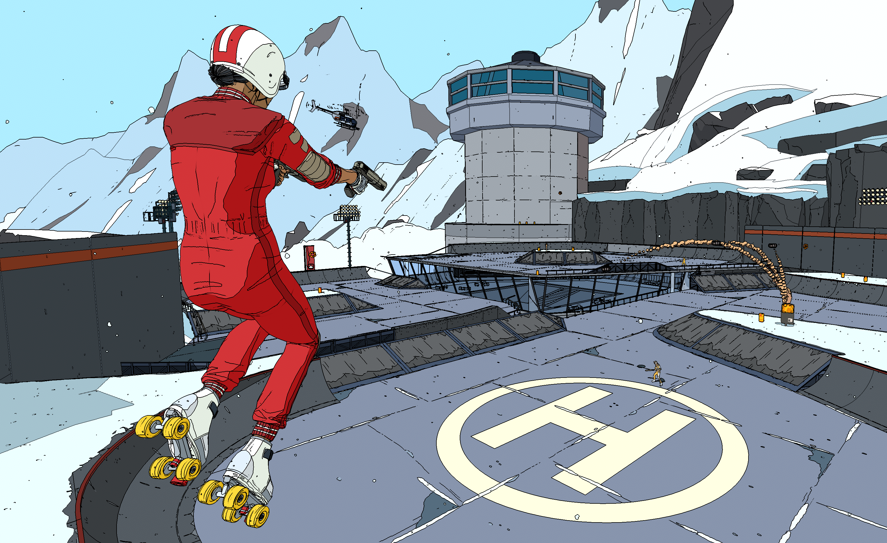 A person in roller skates and a red boilersuit aiming a gun, while flying high in the air, all in a cel-shaded art style.