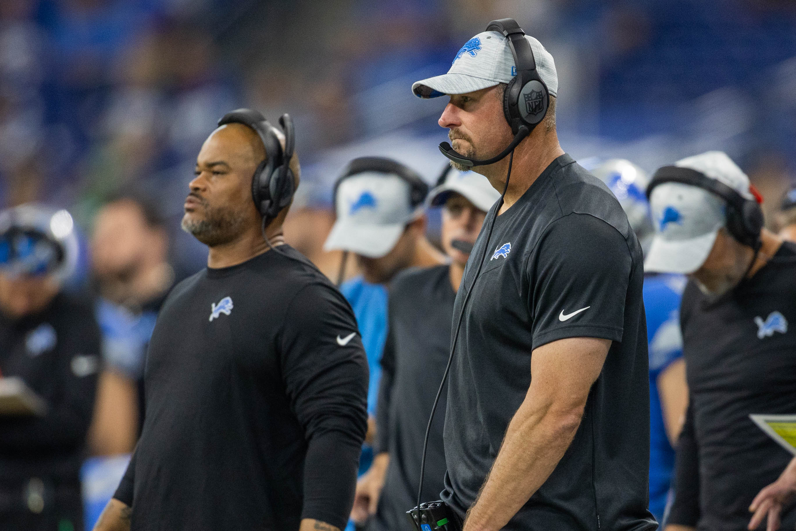Detroit Lions head coach Dan Campbell in the second half against the Indianapolis Colts at Lucas Oil Stadium.