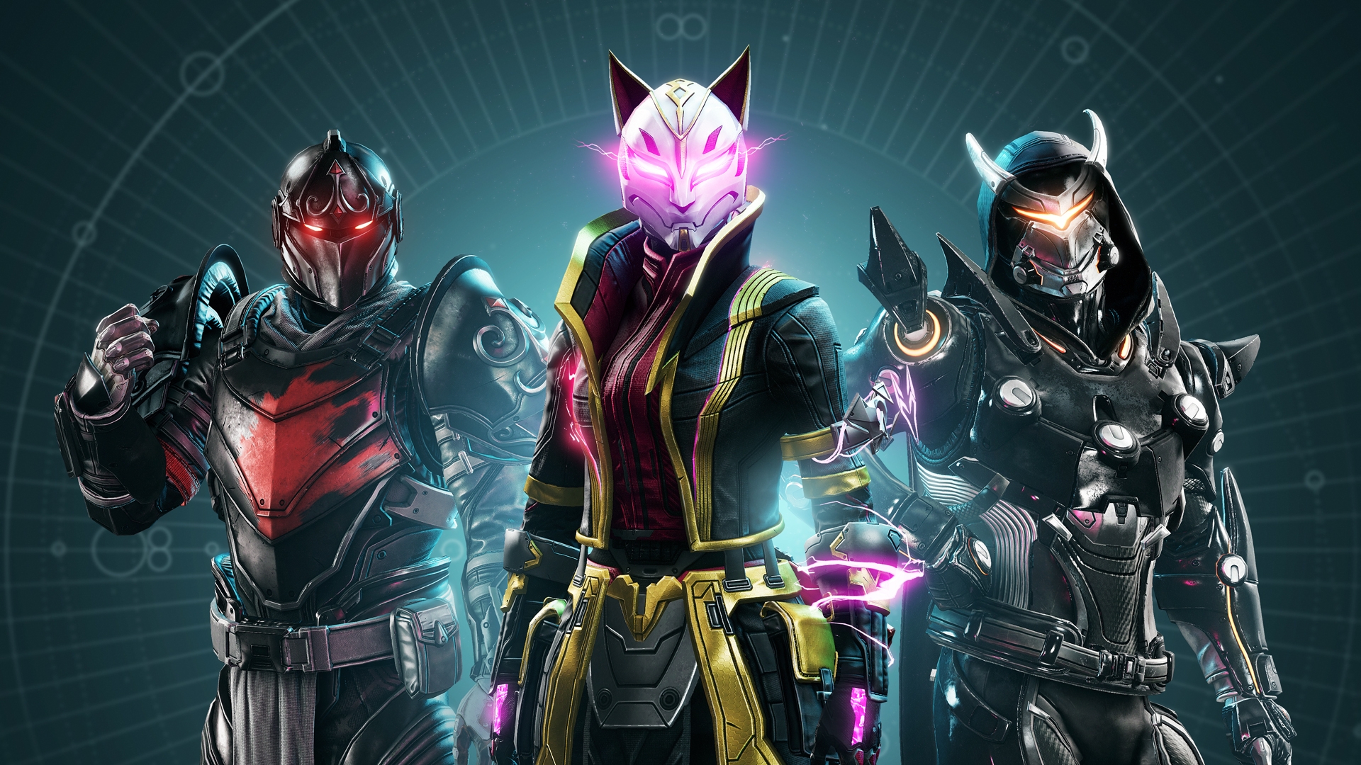 A Titan, Warlock, and Hunter dressed in Fortnite skins for an upcoming Destiny 2 crossover