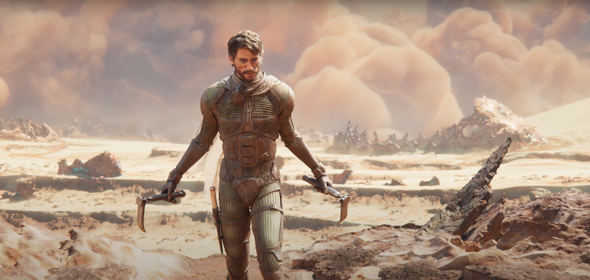 Paul Atreidis from Dune: Awakening, the Dune survival MMO walks toward the camera with Arrakis behind him