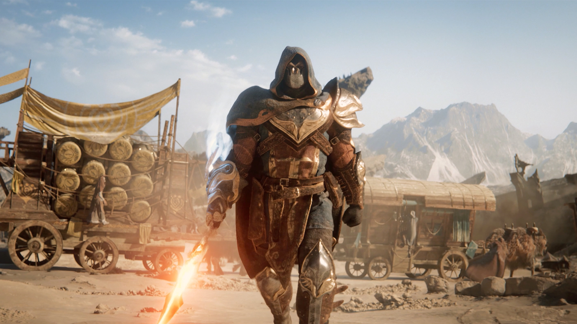 A warrior wields a glowing sword and guards a caravan in a still from Atlas Fallen’s debut cinematic trailer