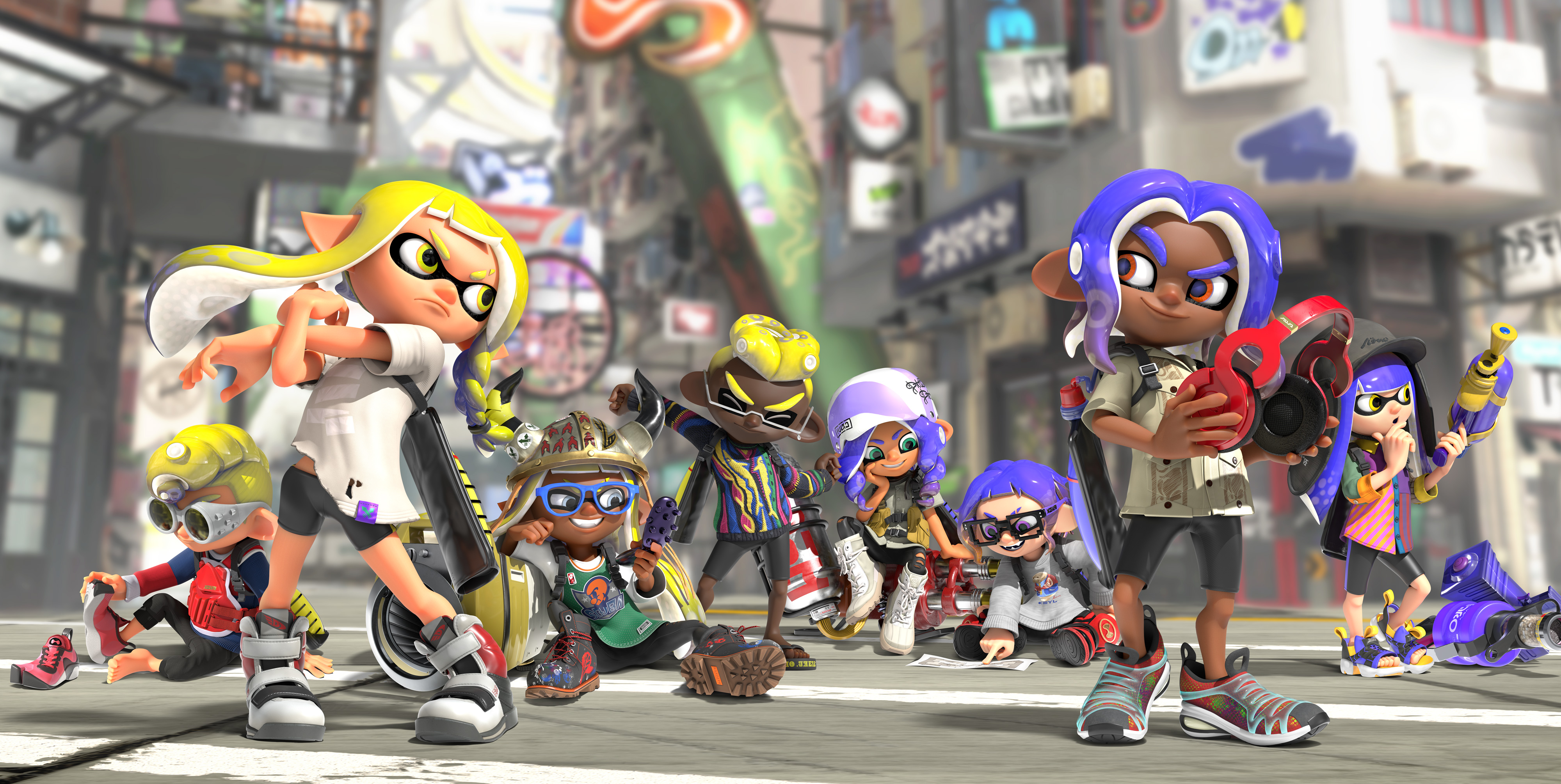 Inklings and Octolings face off in a city street in artwork from Splatoon 3