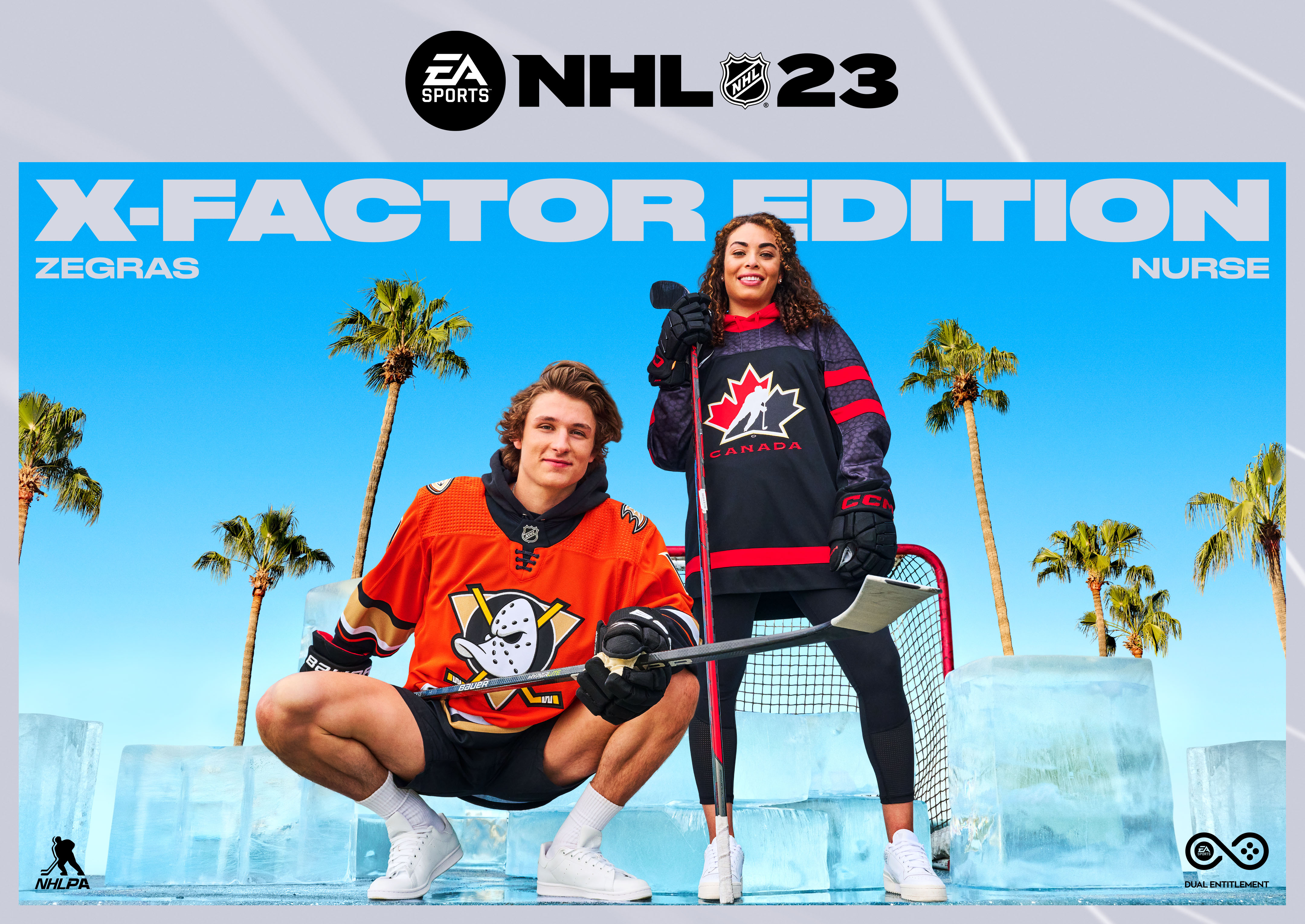 key art for the X-Factor Edition of NHL 23, featuring a silver background with the game’s logo above an image of Trevor Zegras crouching while holding a hockey stick next to Sarah Nurse standing with a hockey stick, in front of blocks of ice, a hockey net, and palm trees