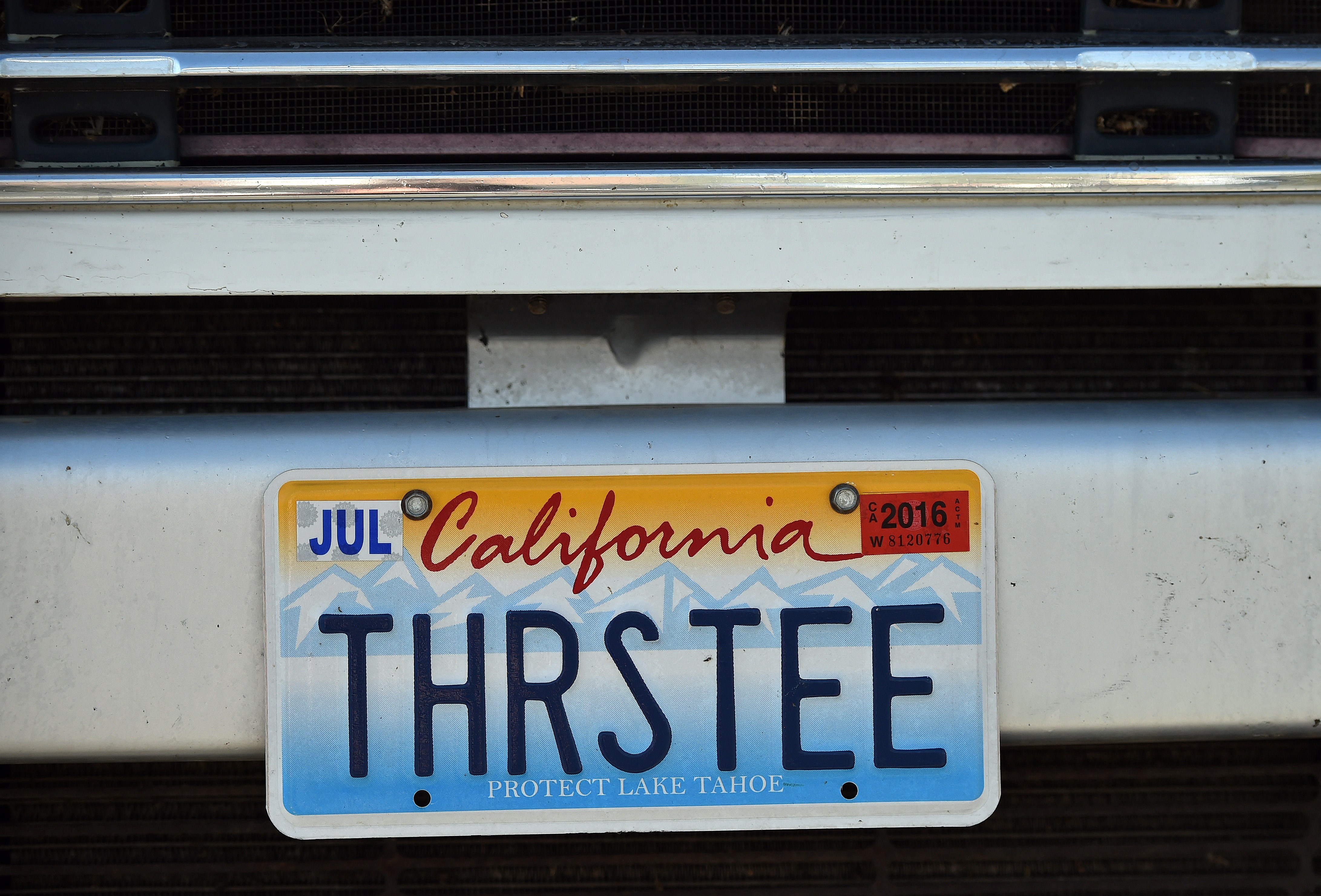 Photo of California license plate reading “THRSTEE”