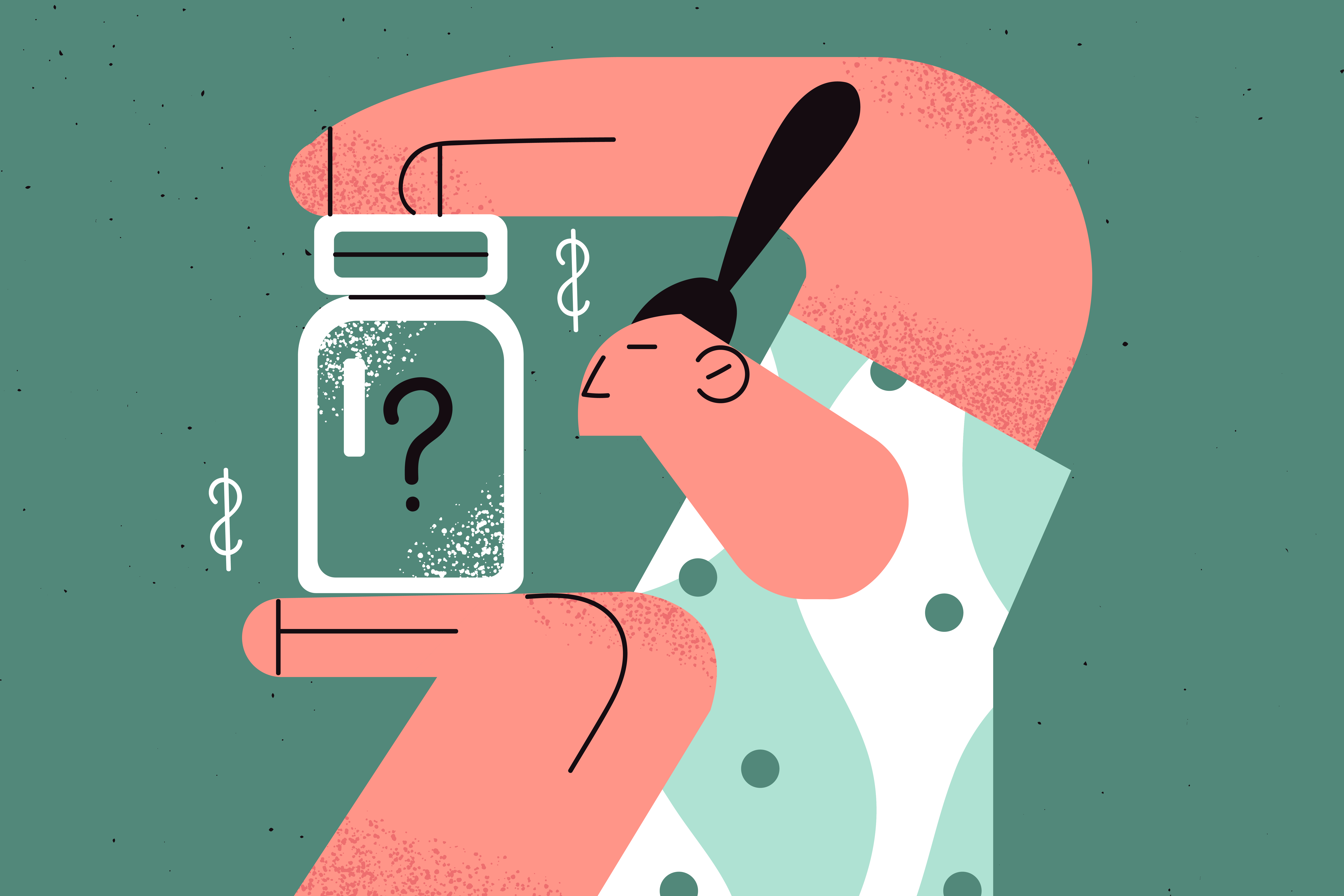An illustration of someone looking into a savings jar feeling puzzled.