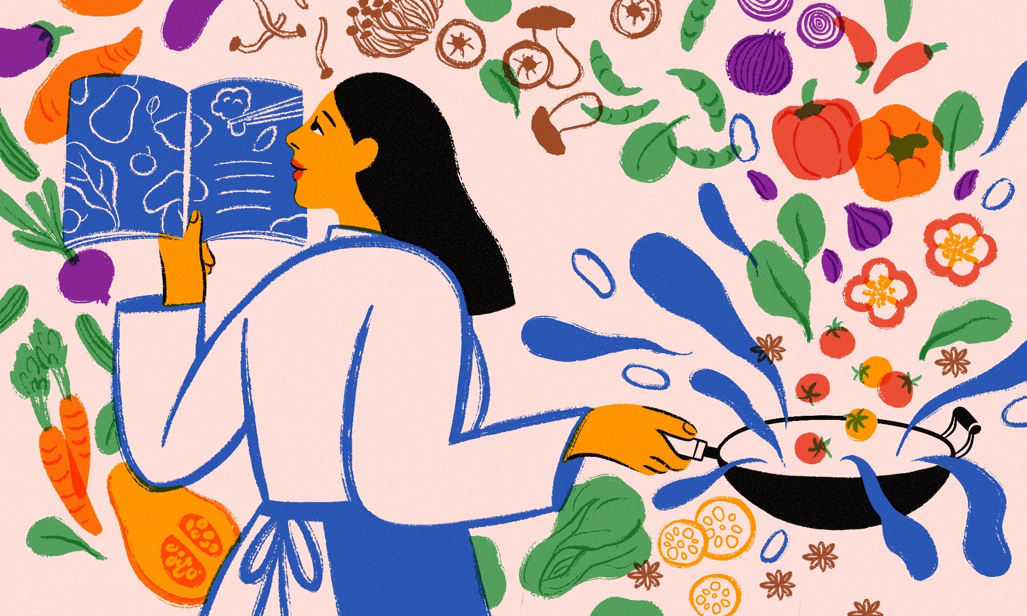 An illustration of a woman cooking vegetables in a wok while holding a cookbook