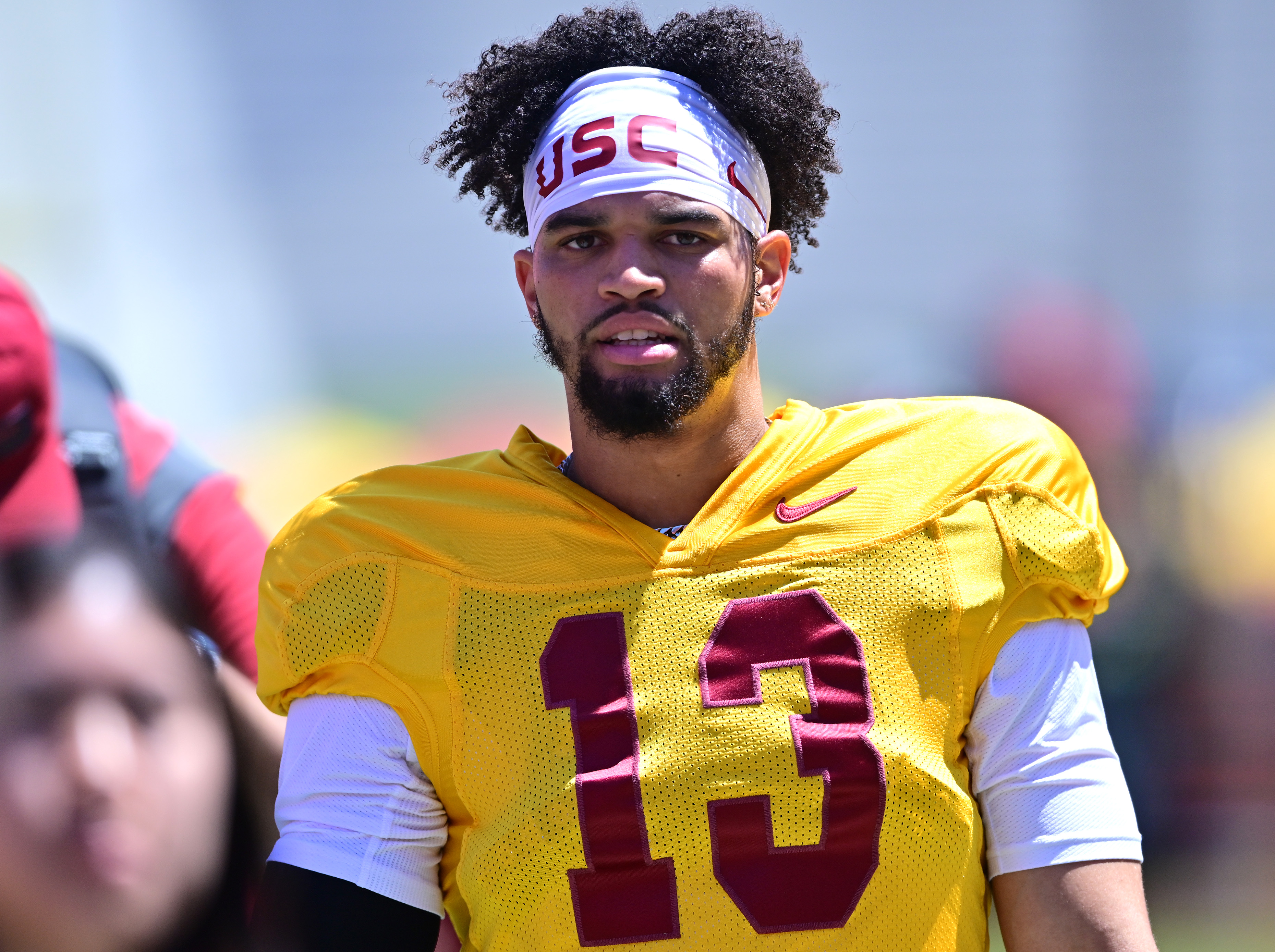 Quarterback Caleb Williams of the USC Trojans warms up during the 2022 USC Spring Football game at Los Angeles Memorial Coliseum on April 23, 2022 in Los Angeles, California.