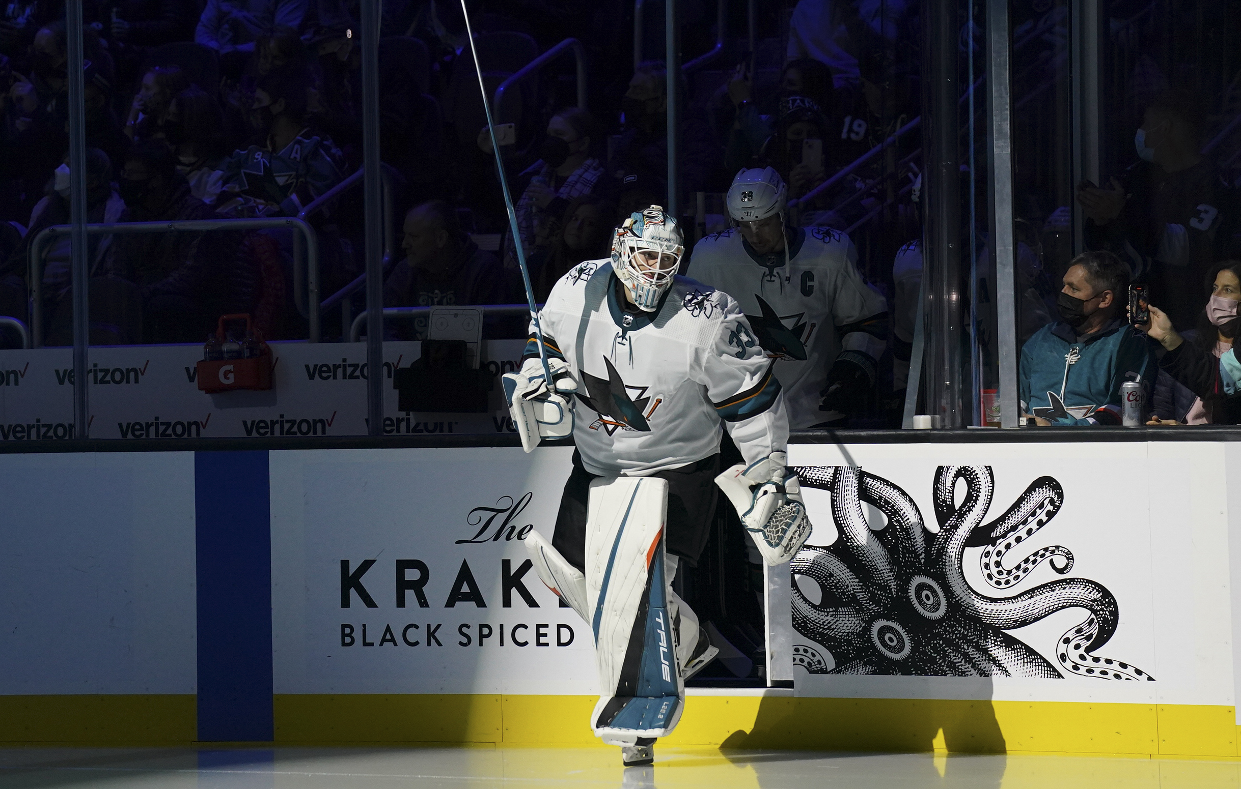 San Jose Sharks goaltender Adin Hill (33) comes onto the ice before an NHL game between the Sharks and Seattle Kraken on January 20, 2022 at Climate Pledge Arena in Seattle, WA.